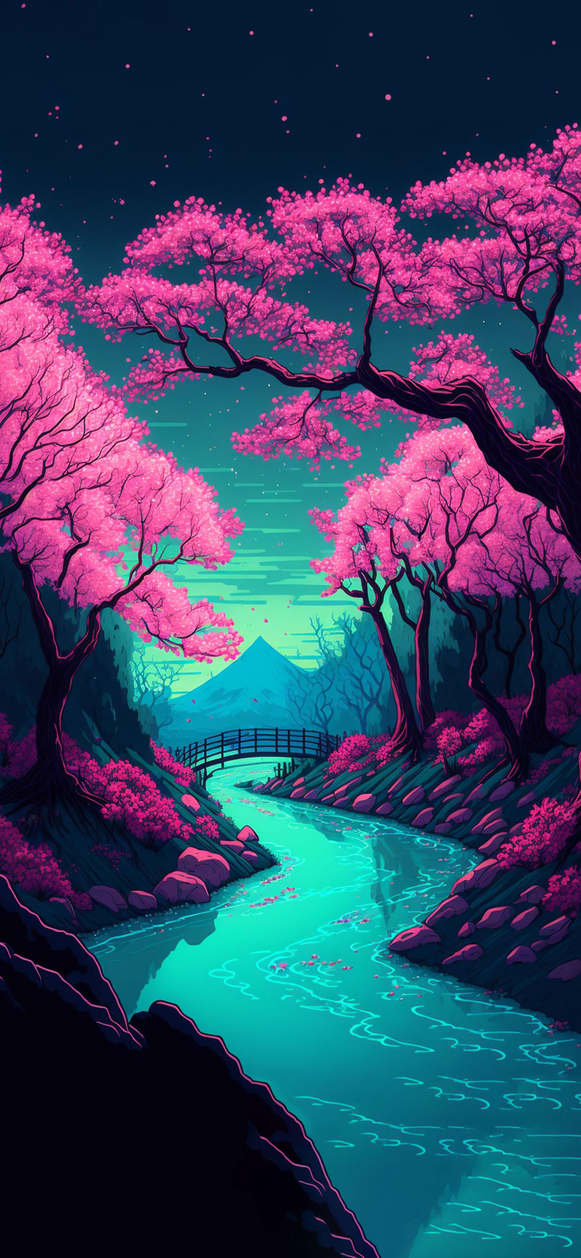 1183x2560 Sakura Forest & River Art Wallpaper Aesthetic Wallpaper