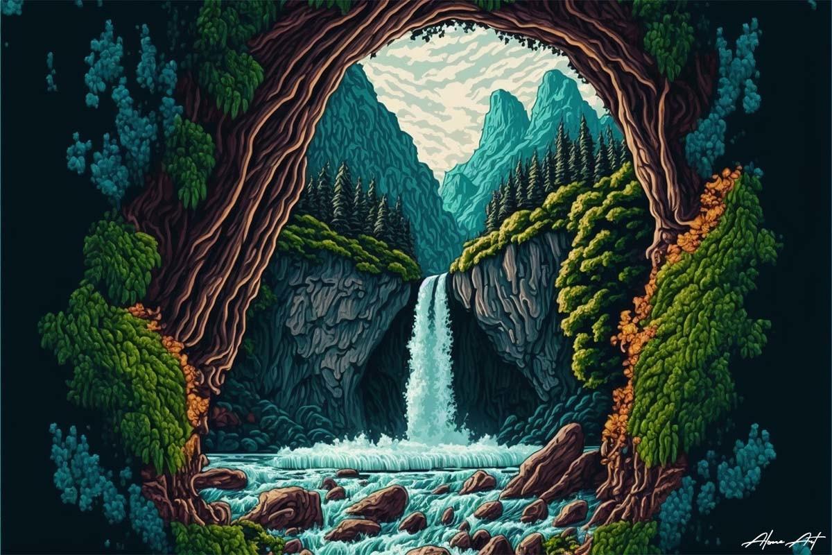 1200x800 Stunning Mountain Waterfalls Pixel Art Graphic by Alone Art · Creative Fabrica