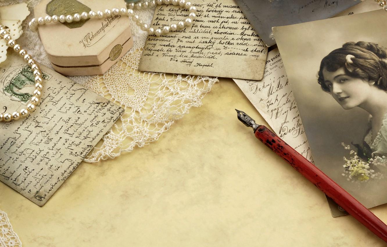 1332x850 Wallpaper girl, retro, paper, handle, pearl, beads, photo, lace, vintage, ink, vintage, old, card, letters, cards, pen image for desktop, section стиль