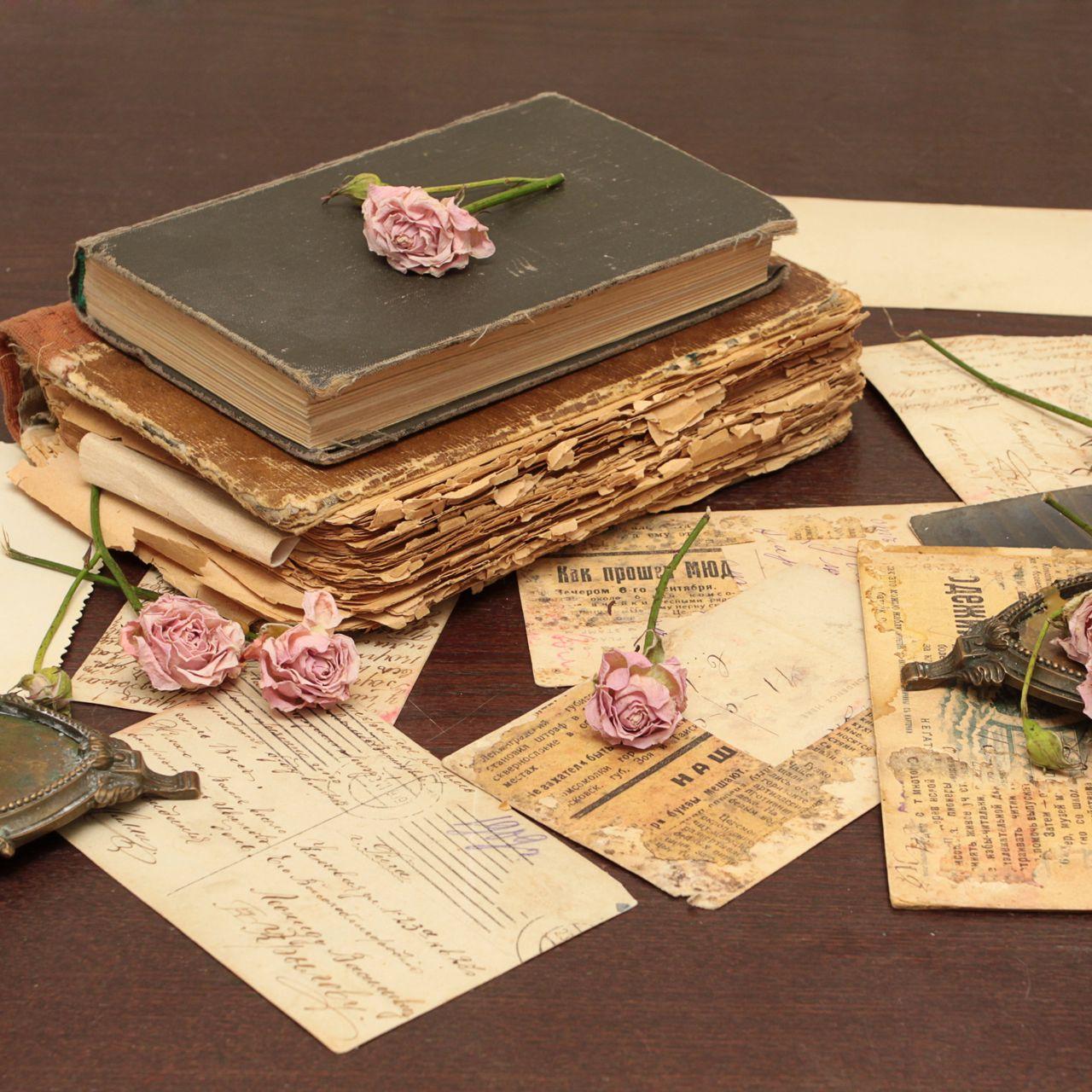 1280x1280 Download wallpaper 1280x1280 vintage, books, old, flowers, roses, candles, candle holders, letters, cards, paper, table ipad, ipad ipad mini for parallax HD background