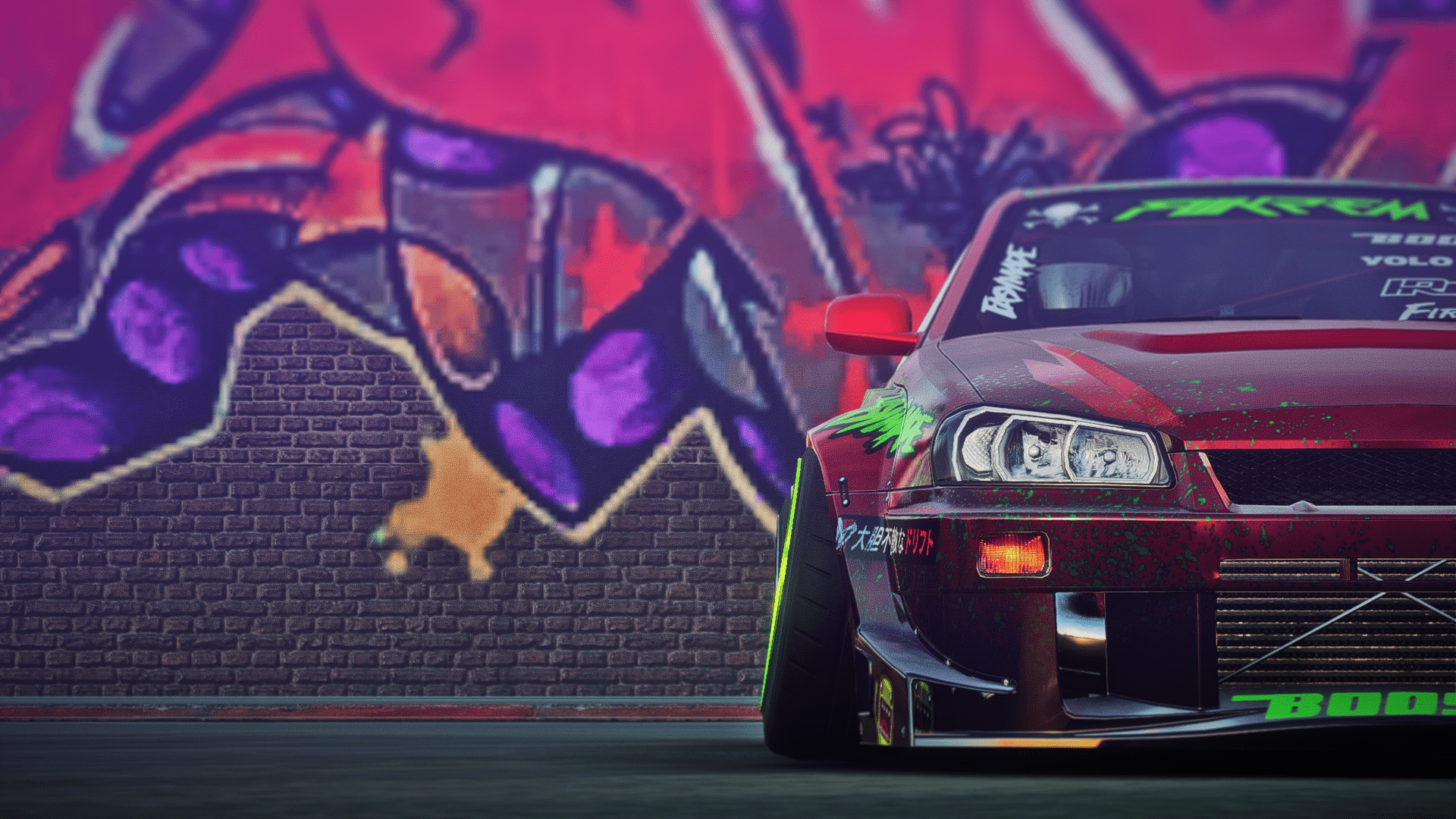 1920x1080 drift cars, CarX Drift Racing Online, car, Nissan, Nissan Skyline, Nissan Skyline R frontal view, negative camber, bricks, graffiti, screen shotx1080 Wallpaper