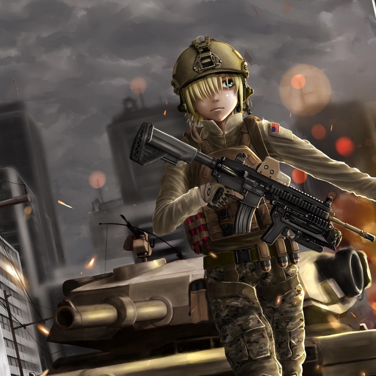 1280x1280 Wallpaper 4k battlefield, anime, girl, soldier 4k Wallpaper