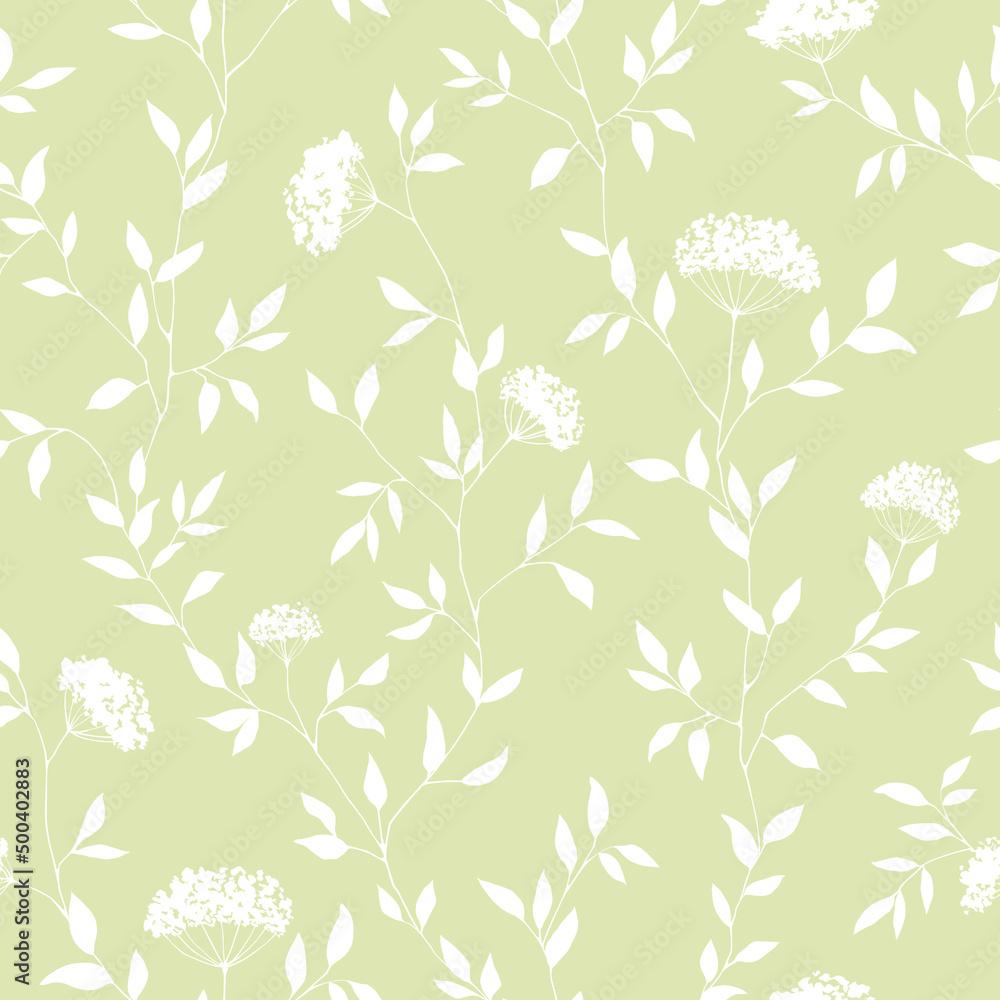 1000x1000 White floral seamless pattern on pastel green background. Vintage botanical pistachio repeat print. Elegant foliate design for wallpaper, wrapping, fabric, textile, decoration. Stock Illustration