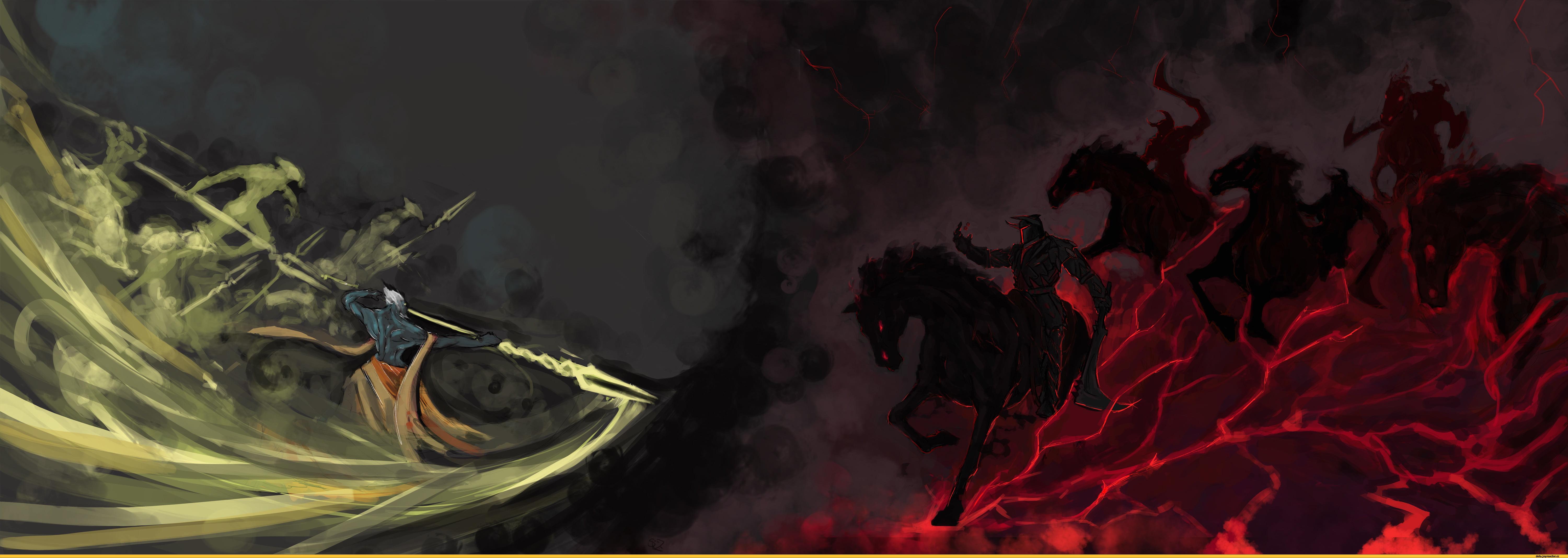 6000x2135 Wallpaper / Warrior, Video Games, Phantom Lancer, Night, Animal Wildlife, Motion, 5K, Speed, Dota One Animal, Close Up, Red, Animal Themes, Horsemen, Studio Shot Free Download