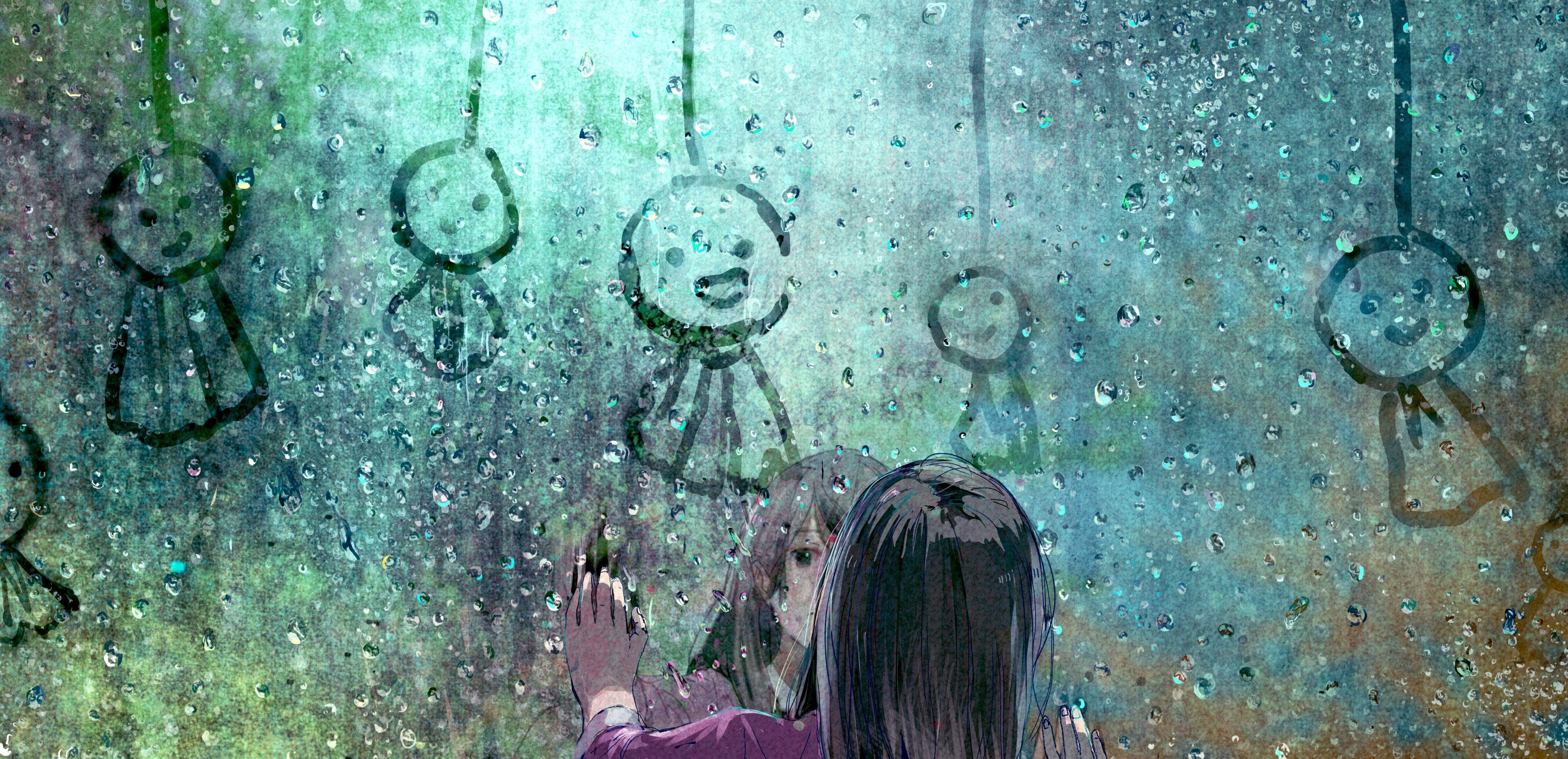 5626x2724 anime girls original characters rain black hair window wallpaper