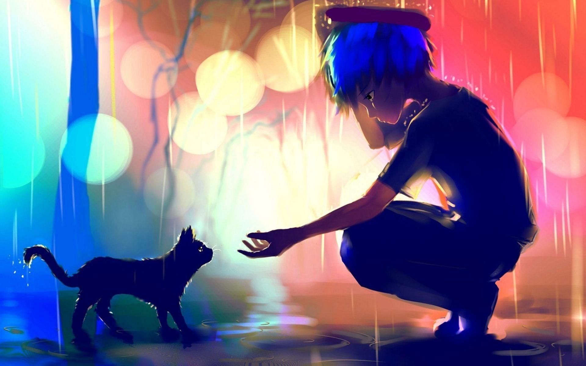 1920x1200 Download wallpaper anime boy HD Boy Cat Rain Anime Wallpaper