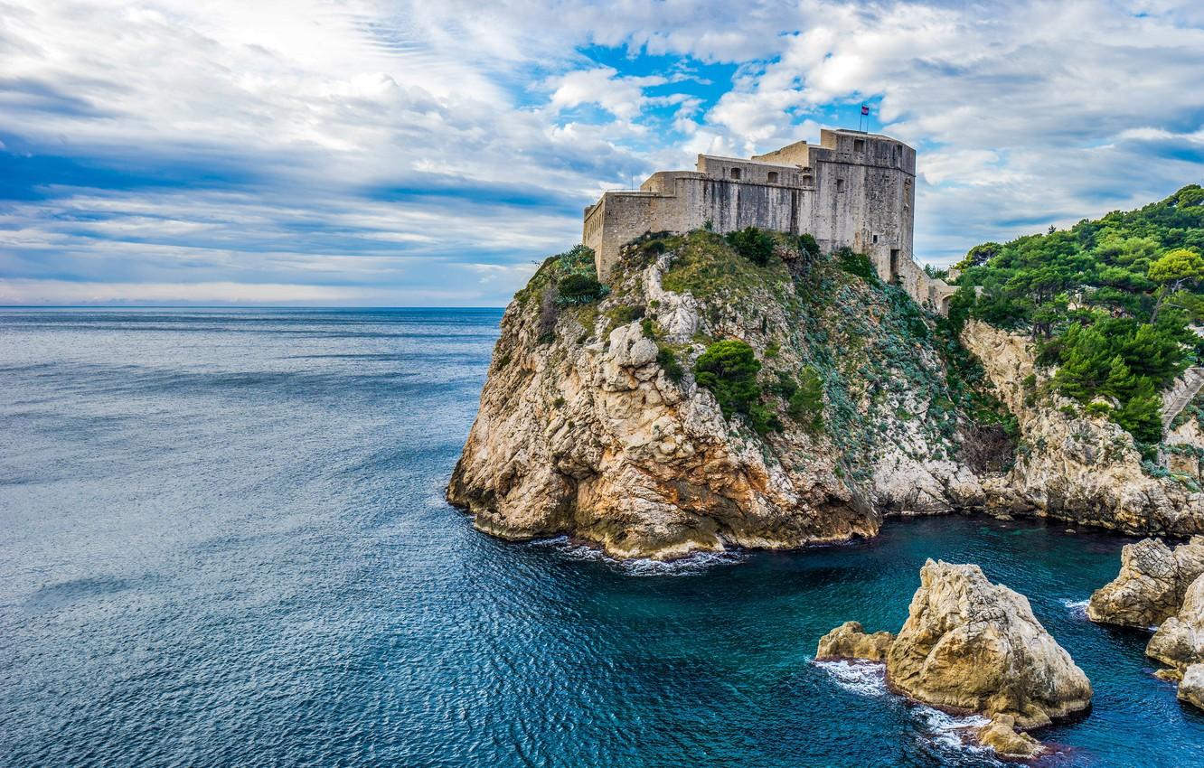 1332x850 Wallpaper sea, the sky, clouds, trees, stones, castle, rocks, shore, horizon, Bay, fortress, Croatia, Dubrovnik castle image for desktop, section пейзажи