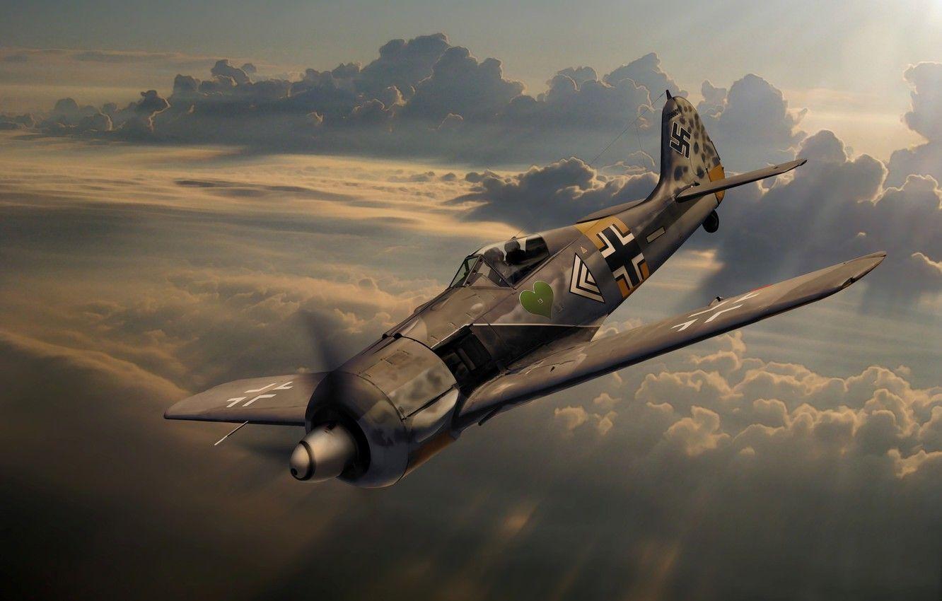 1332x850 Wallpaper The Sky, Clouds, Figure, Fighter, Art, German, Fw Focke Wulf, WW Rays.the Sun Image For Desktop, Section авиация