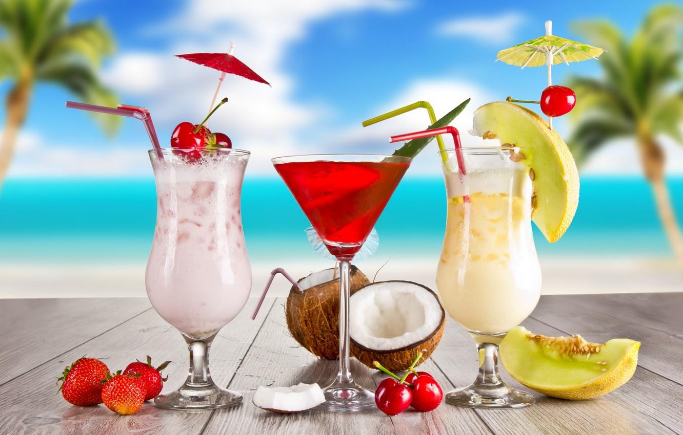 1332x850 Wallpaper summer, cocktail, summer, food, melon, cherry, strawberry, cocktail, fruits, glasses, coconut, cocktails image for desktop, section еда