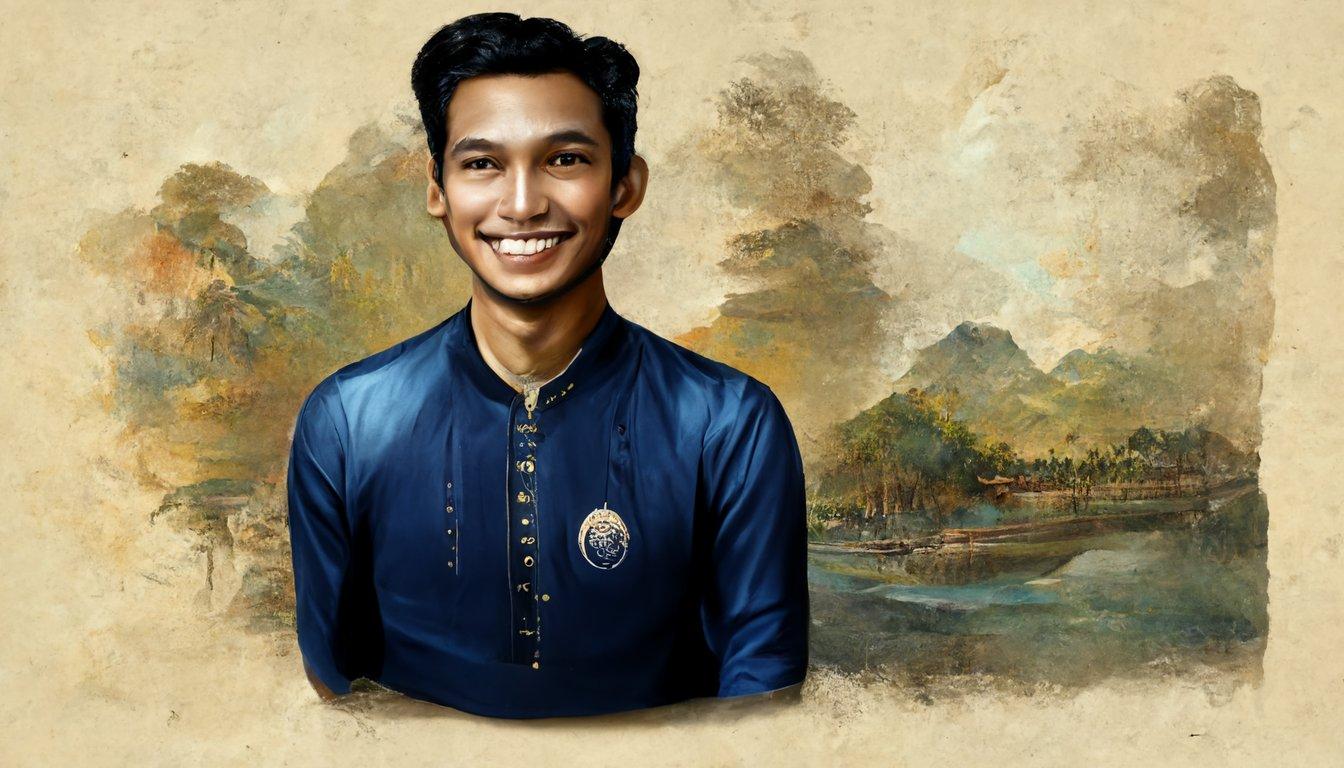1344x768 prompthunt: portrait of an young handsome smiling Malay man wearing formal dark blue long sleeve shirt, modern port background, realism, realistic painting