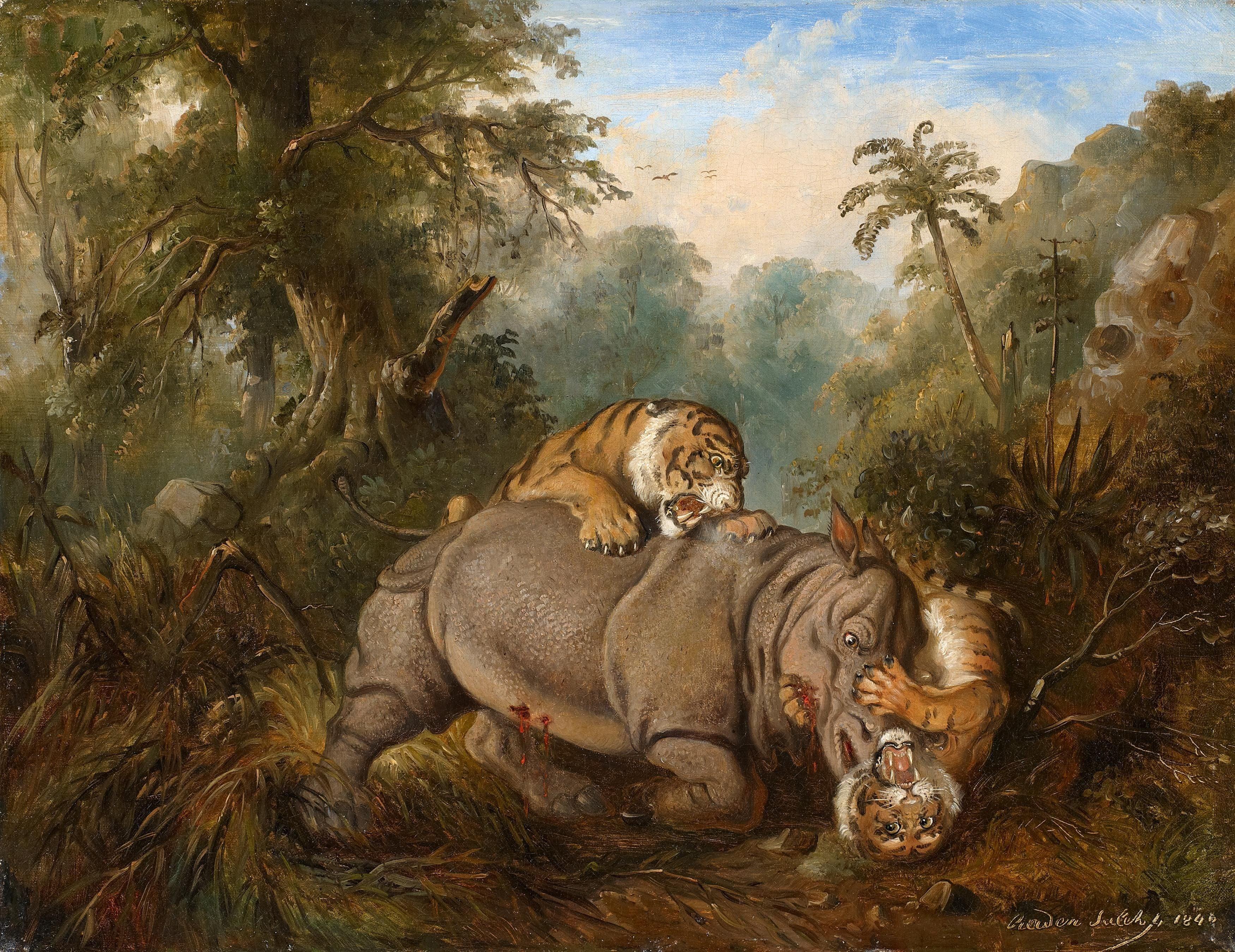 3500x2699 Raden Saleh between a Javanese rhinoceros and two tigers (1840) [3500x2699]