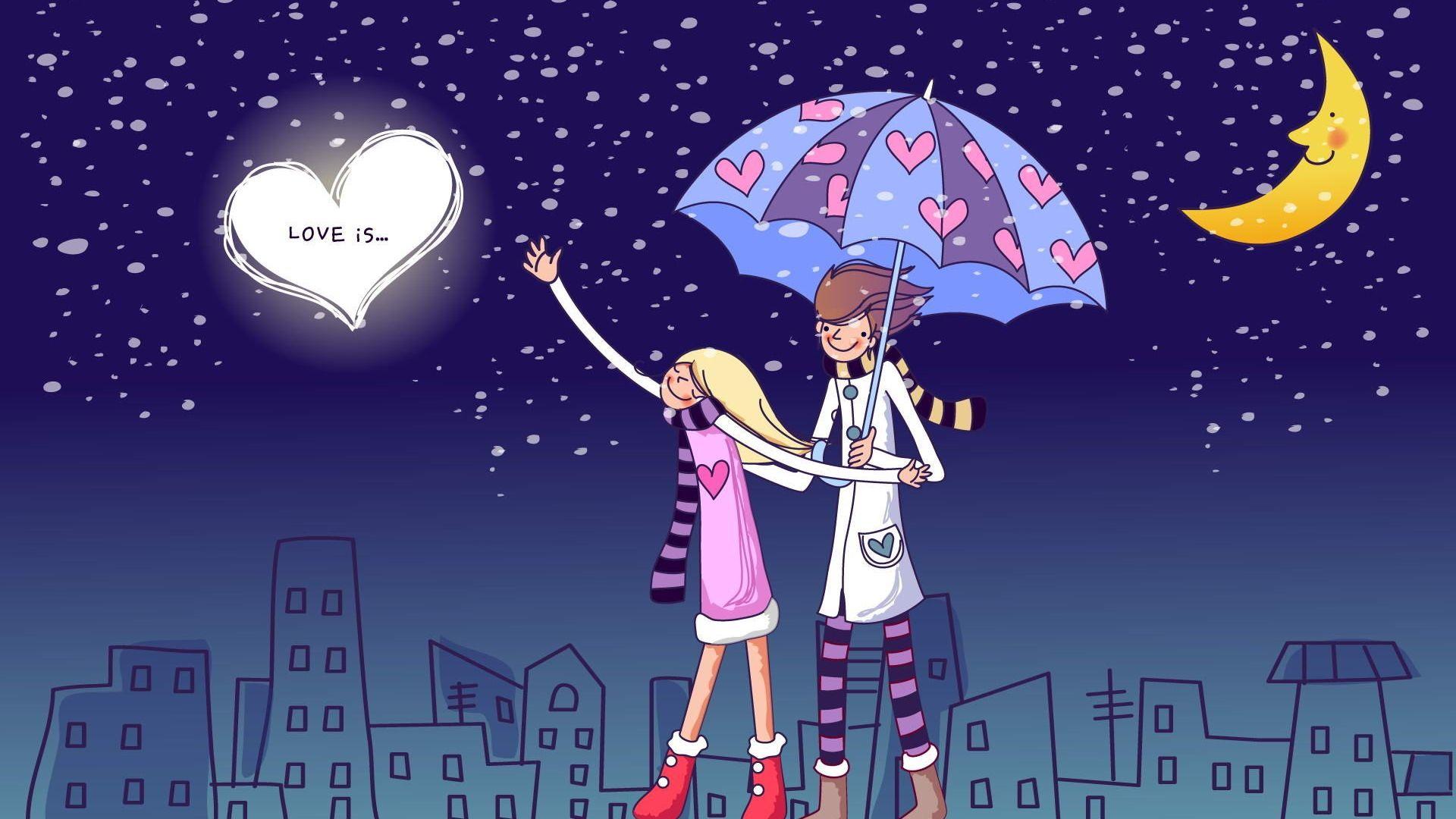1920x1080 Desktop Wallpaper Love, Cartoon, Starry Sky, Heart, Umbrella, Couple, HD Image, Picture, Background, Juoyx5