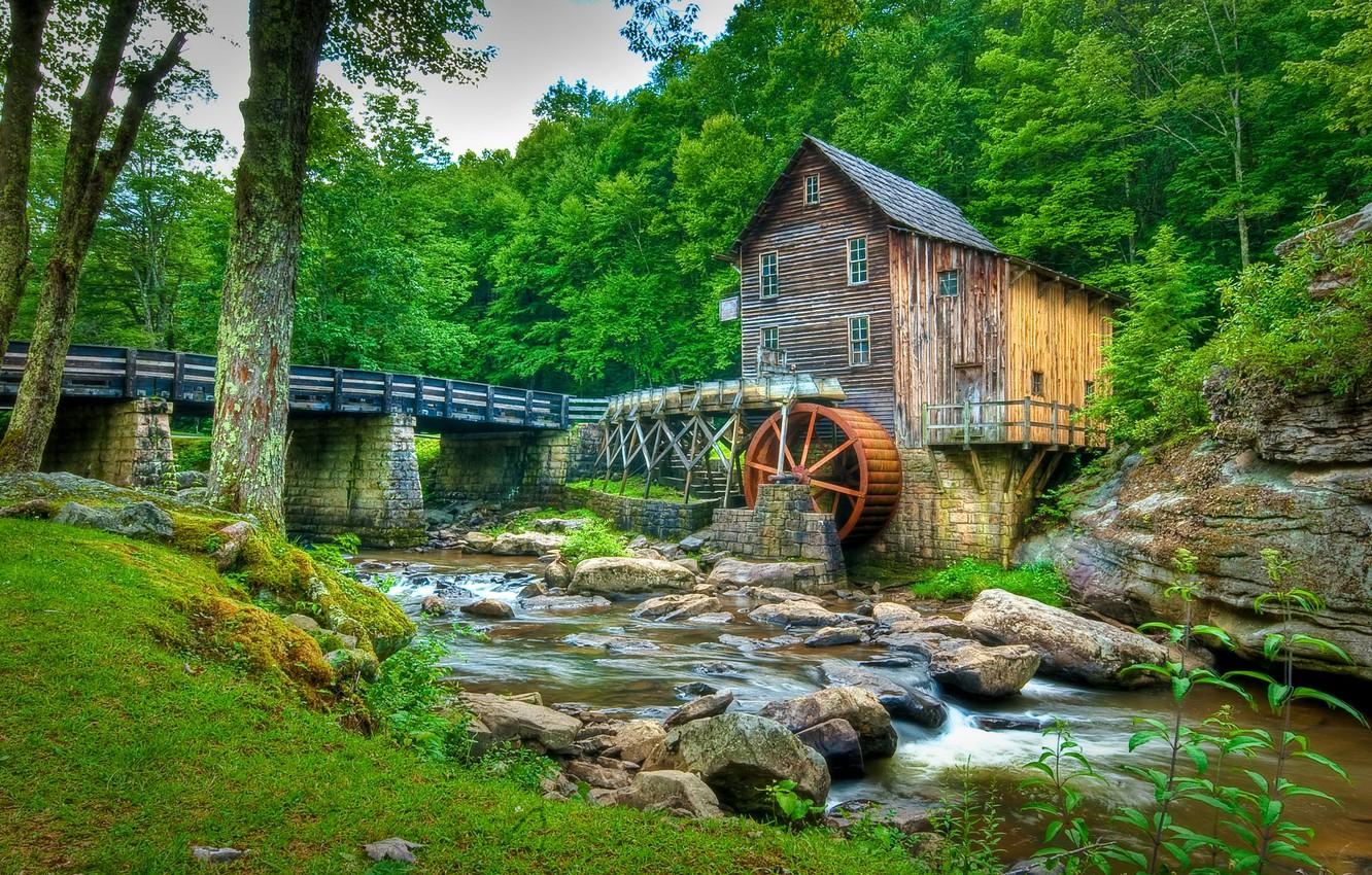 1332x850 Wallpaper forest, trees, bridge, stream, stones, USA, Babcock State Park, water mill image for desktop, section природа