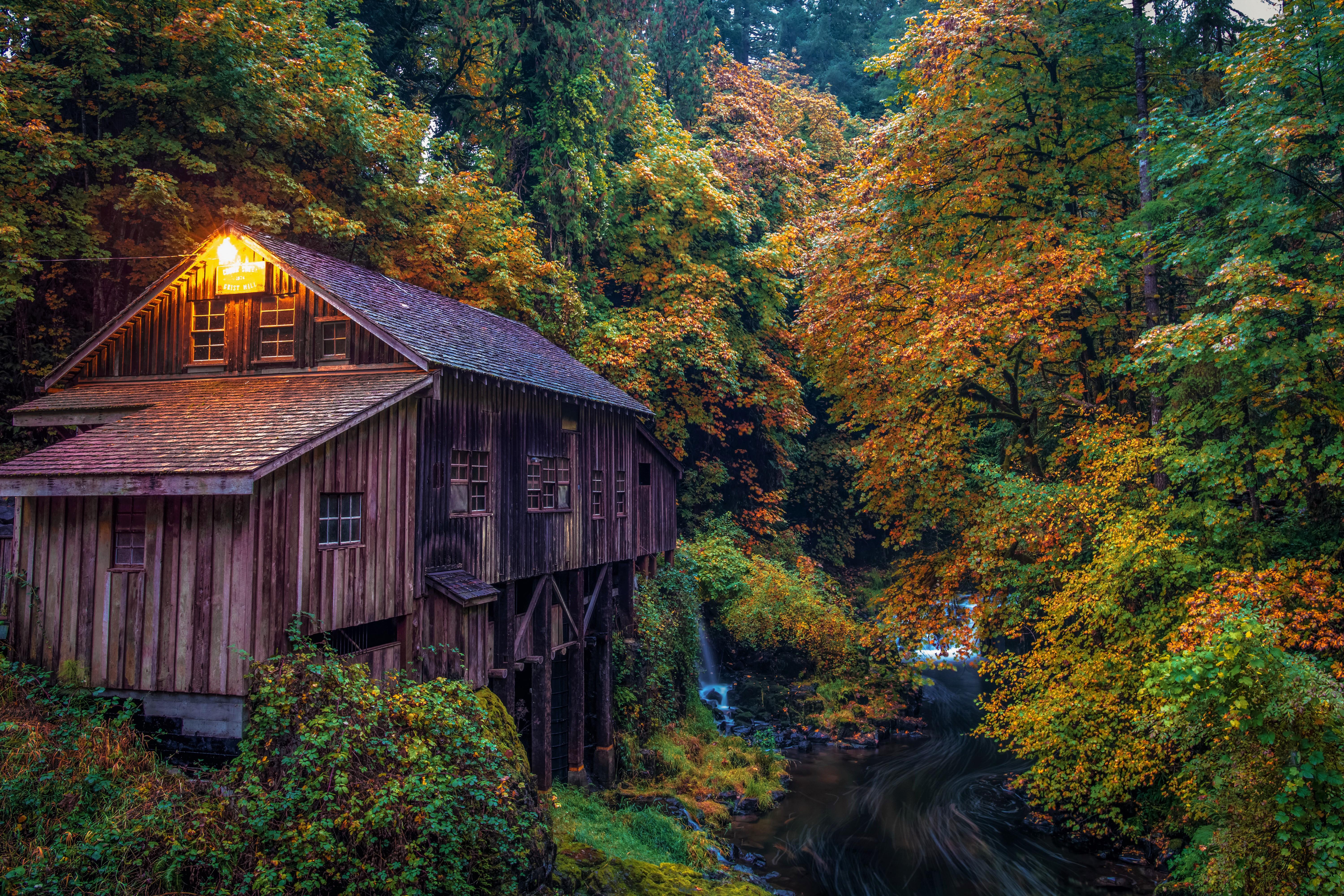 6000x4000 Water mill in the autumn forest Desktop wallpaper 1920x1080