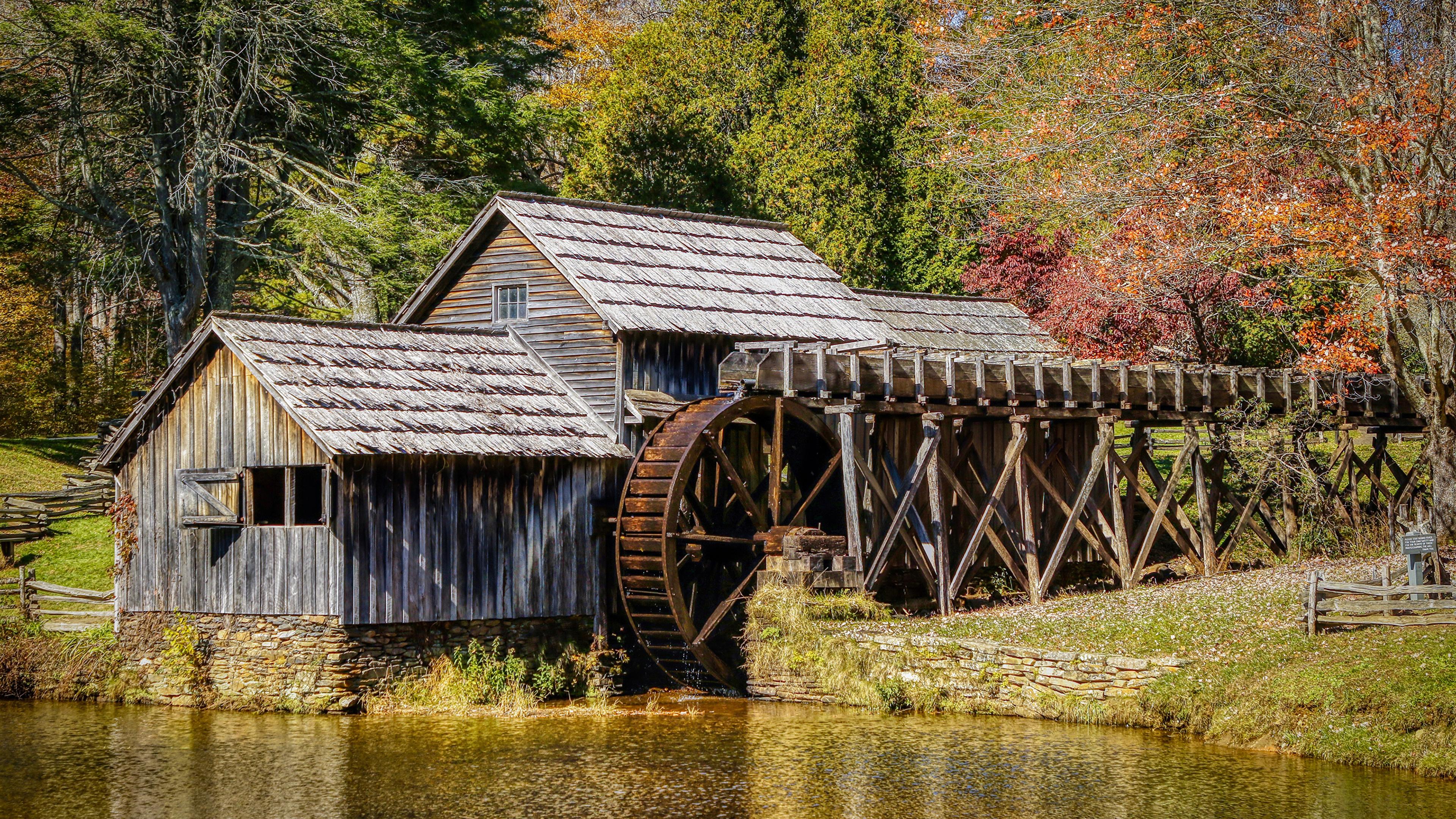 3840x2160 Picture USA Watermill Mabry Mill Autumn Nature forest 3840x2160