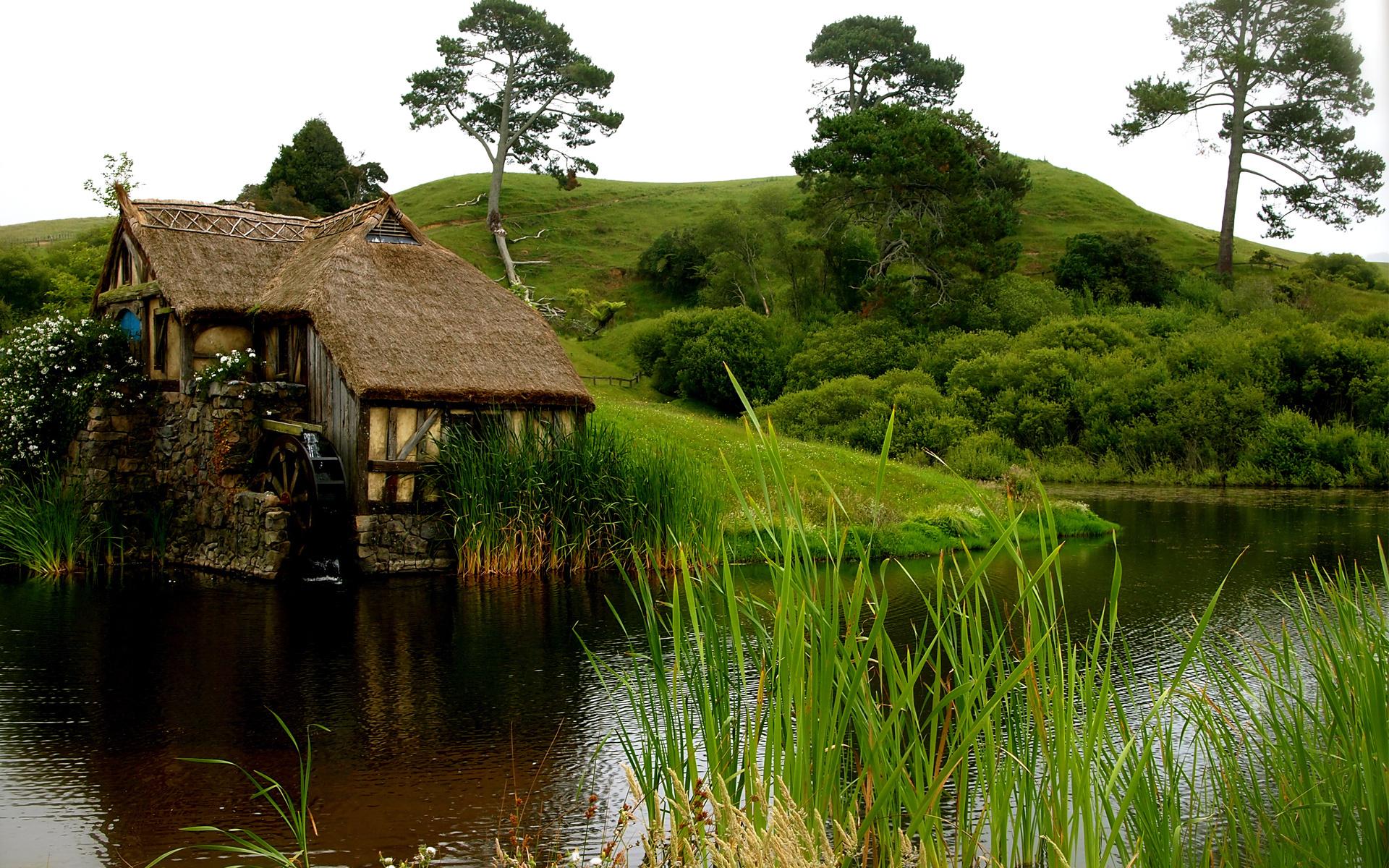 1920x1200 Wallpaper. Nature. photo. picture. the house, the pond, grass, water, mill