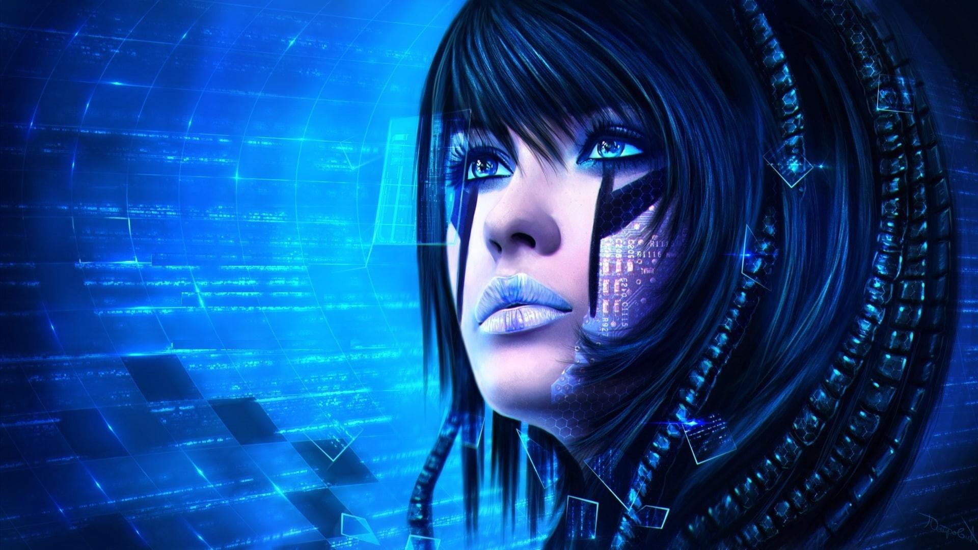 1920x1080 Wallpaper / emotion, science fiction, blue, ai, humanoid, robotics, robot, cg artwork, space, 1080P, darkness, android, face, girl, fantasy art, black hair, artificial intelligence free download