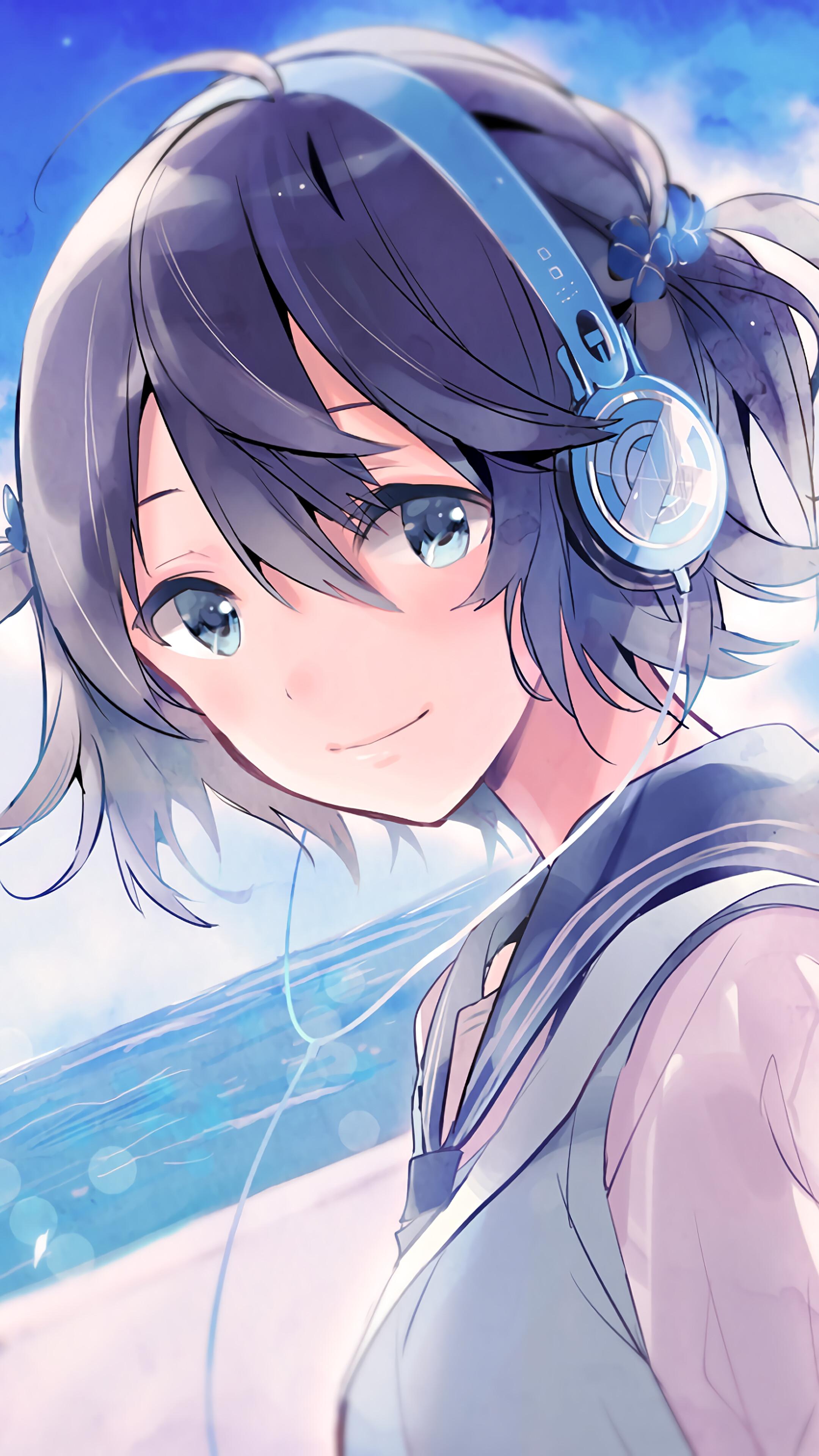 2160x3840 Anime, Girl, Smile, Student, Uniform, Headphone, 4K HD Phone Wallpaper