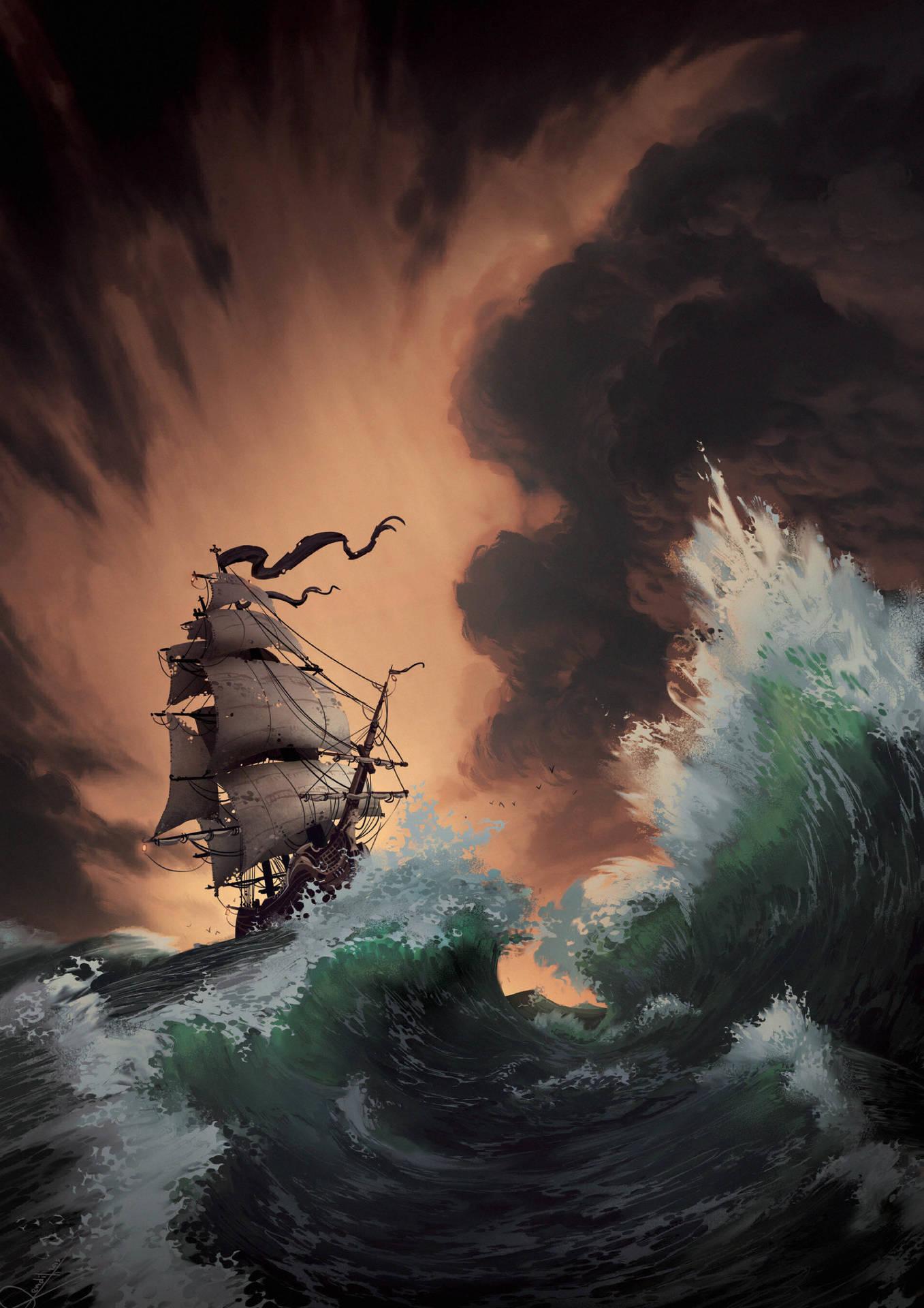 1357x1920 Download Pirate Ship In Storm Wallpaper
