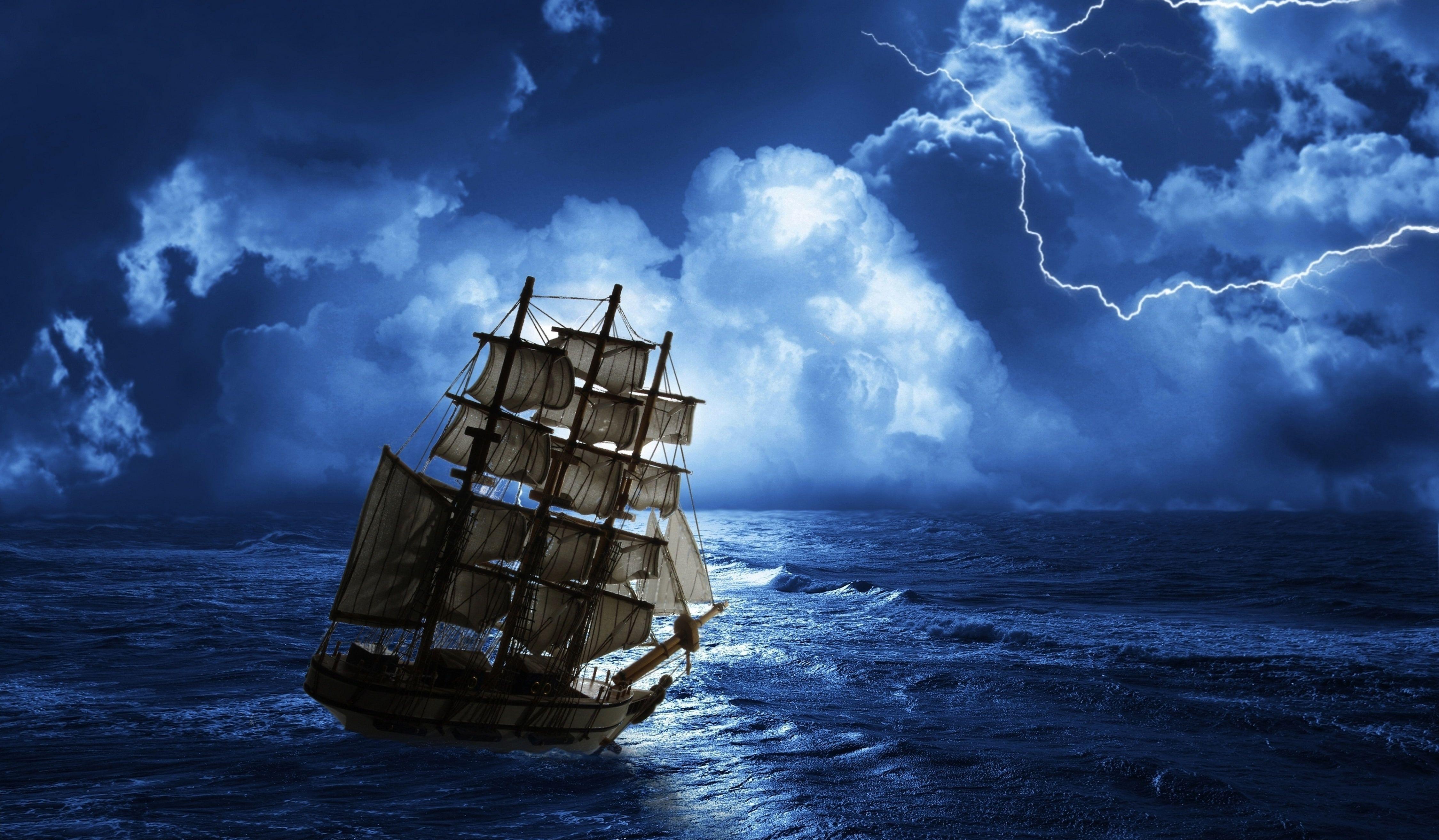 4500x2628 Sailing ship K #Lightning Moon lighting Sea storm K #wallpaper #hdwallpaper #desktop. Sailing ships, Sailing, Sea storm