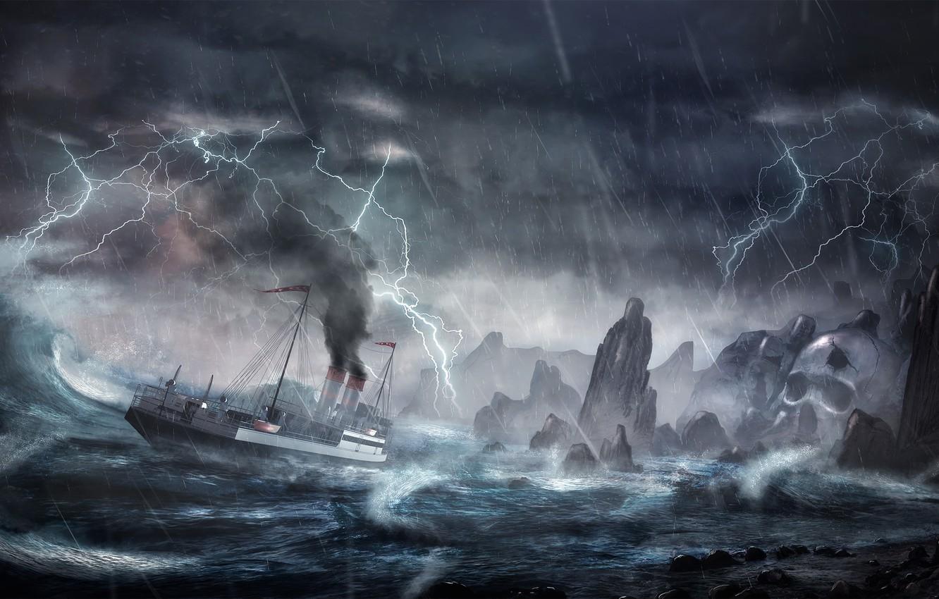 1332x850 Wallpaper wave, storm, rocks, lightning, ship, island, storm, disaster image for desktop, section ситуации