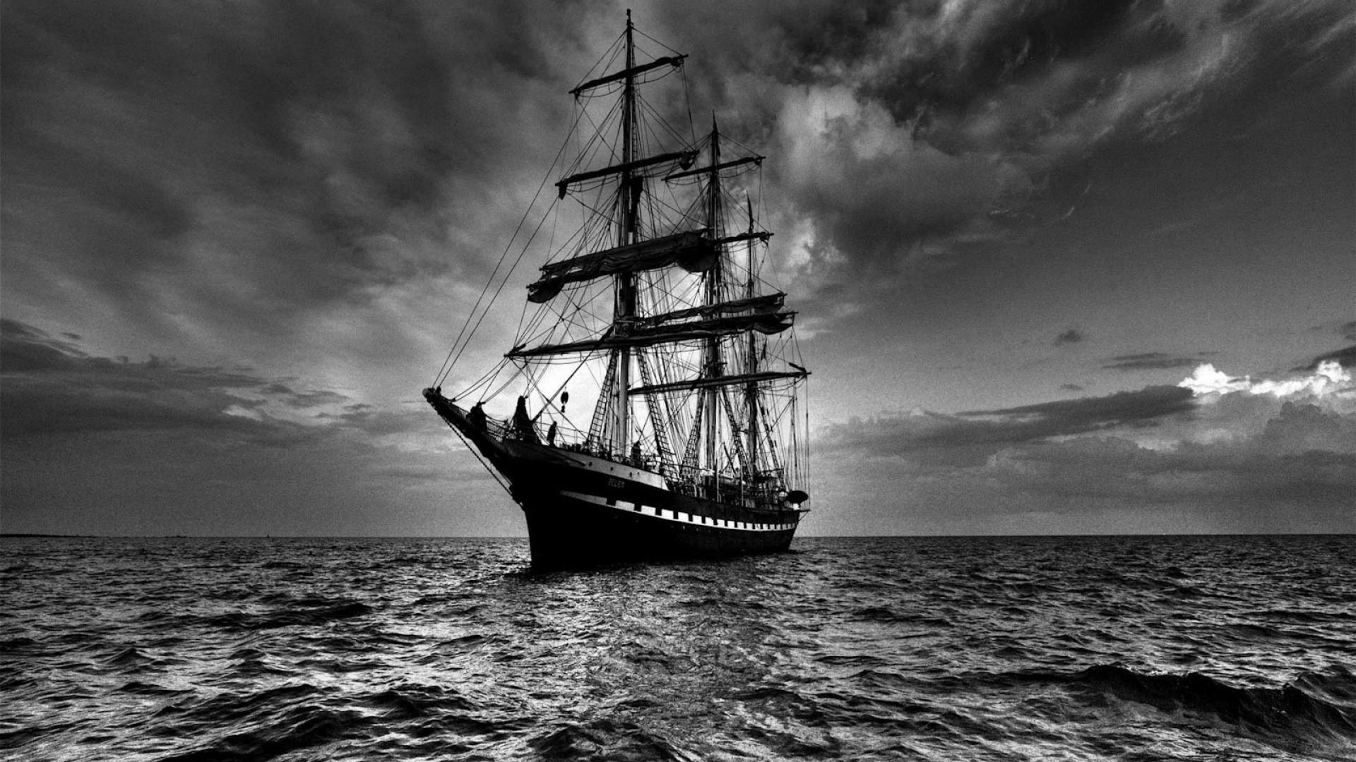 1920x1080 Preview wallpaper ship, sea, sail, storm, black white 1920×1080