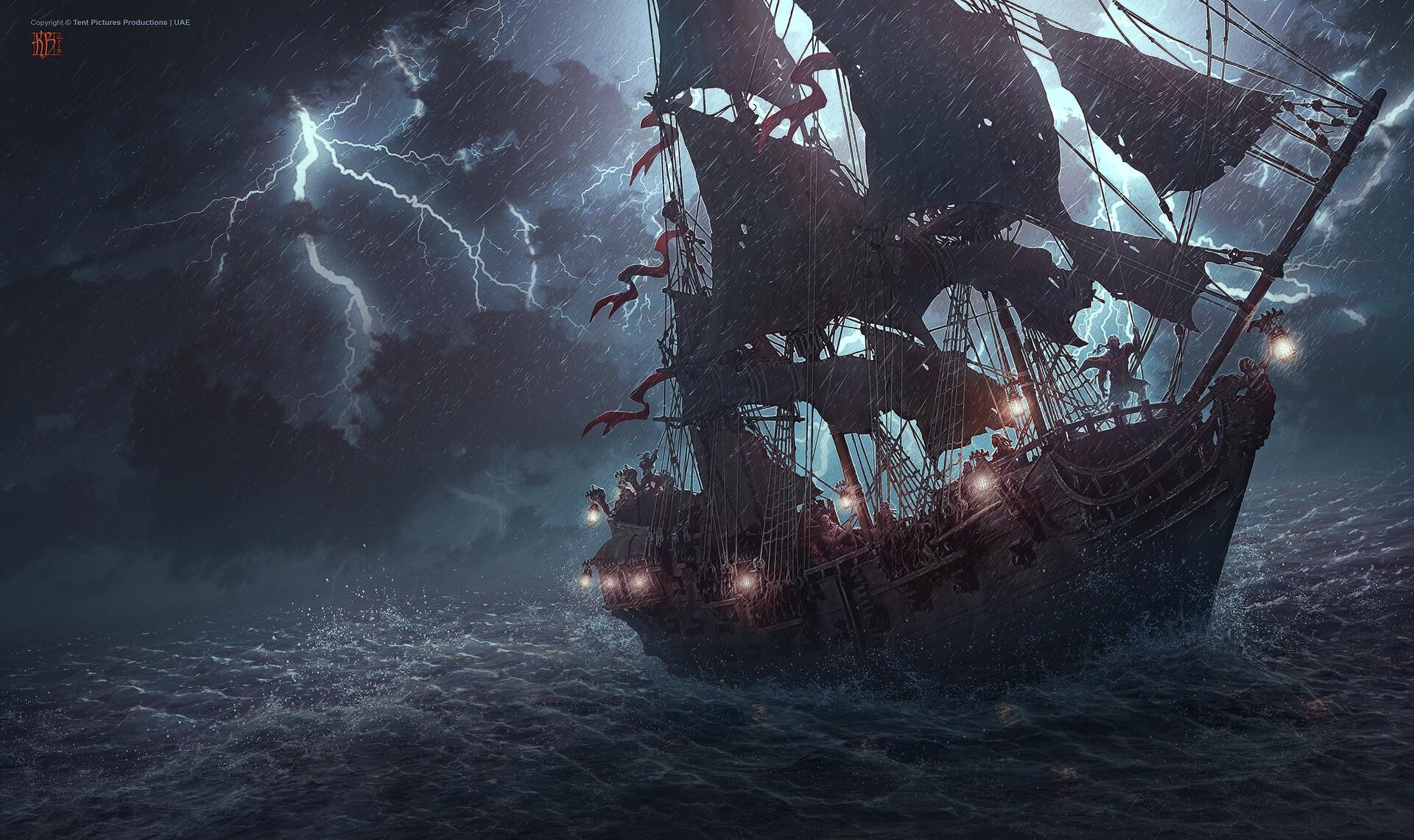 1920x1141 Artwork Digital Art Storm Lightning Ship Sea Wallpaper:1920x1141