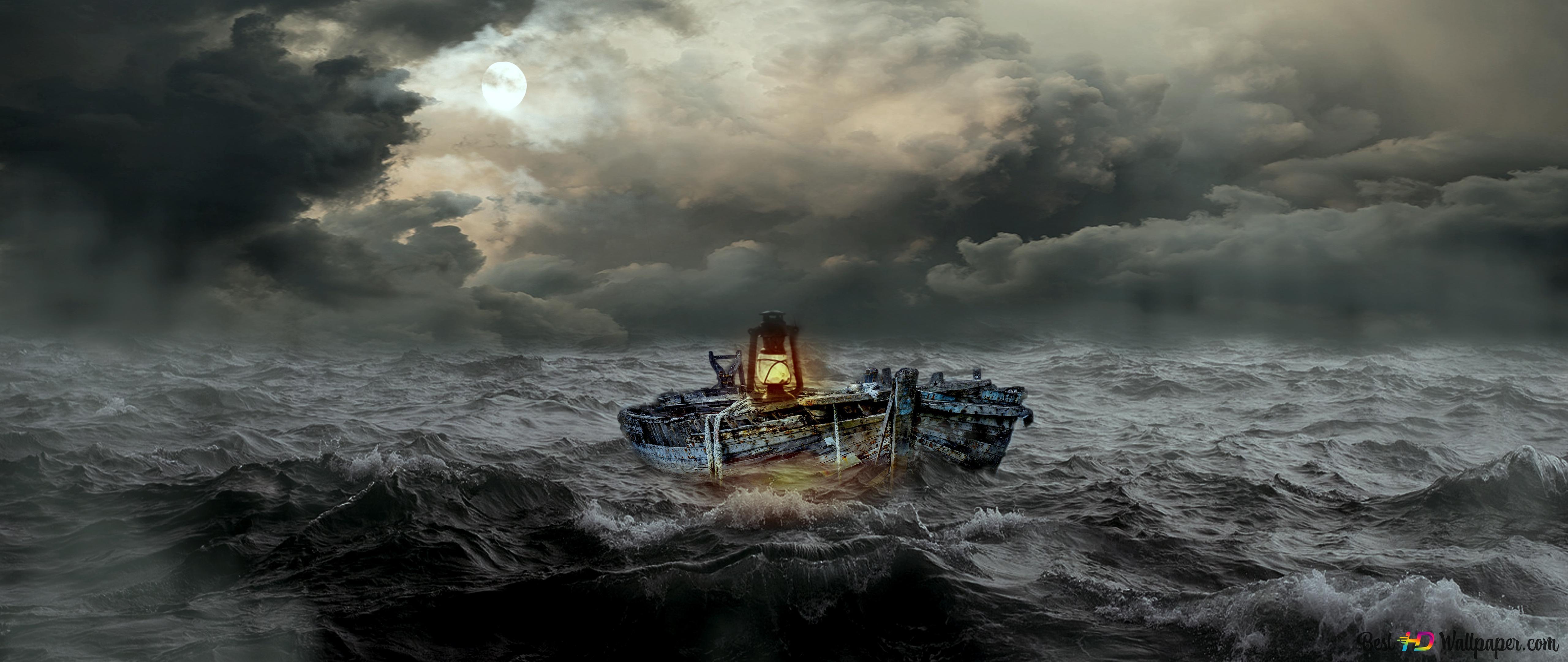 5120x2160 boat in the middle of the storm 4K wallpaper download