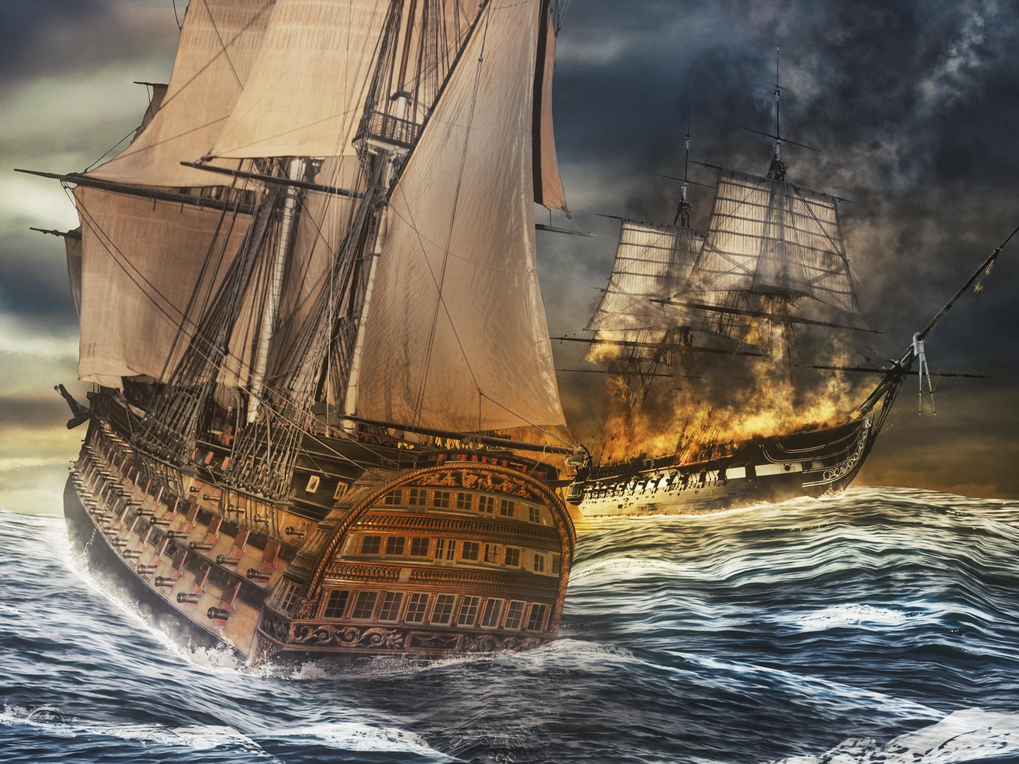 2048x1536 Wallpaper 4k ships, sea, storm, sea battle, photohop 4k Wallpaper