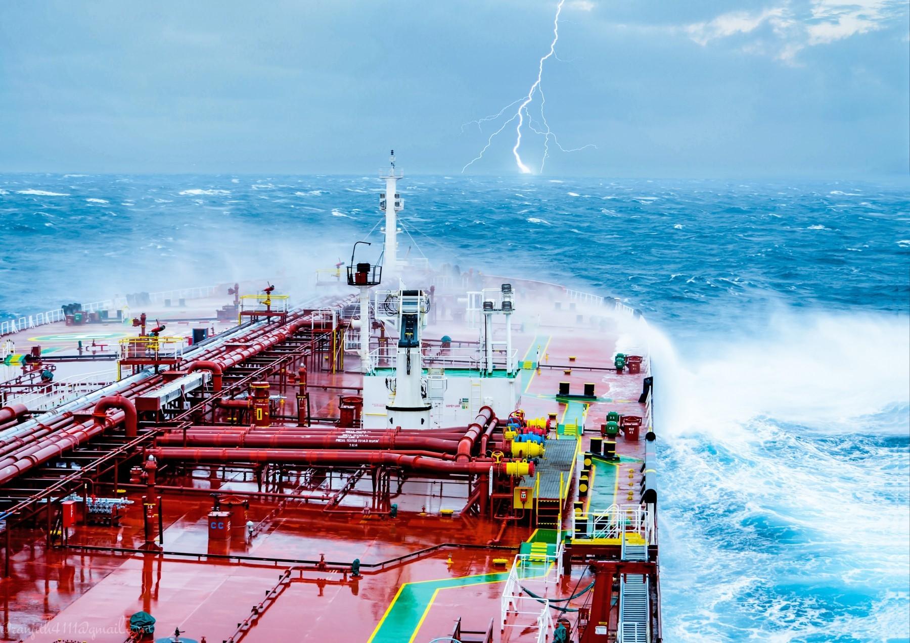 1800x1273 Wallpaper / ship, merchant ship, oil tanker, storm, lightning, waves, sea, vehicle free download