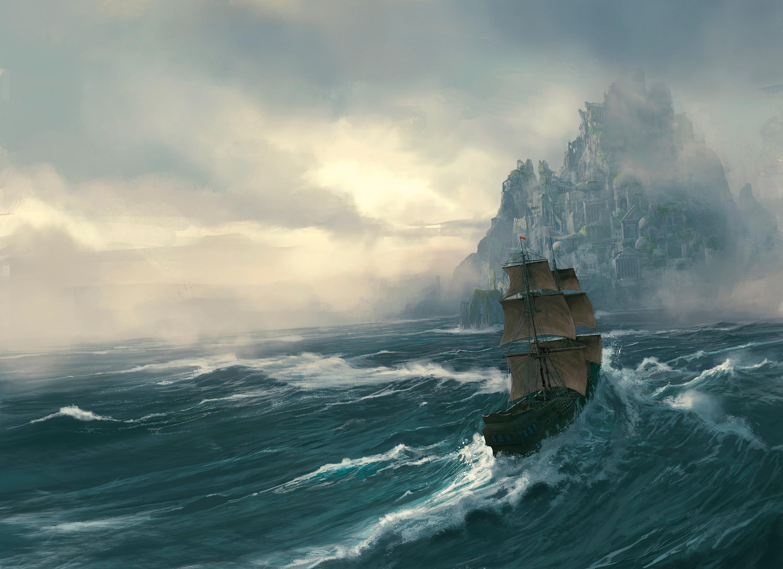 2500x1817 HD desktop wallpaper: Fantasy, Sea, Island, Ship, Storm download free picture
