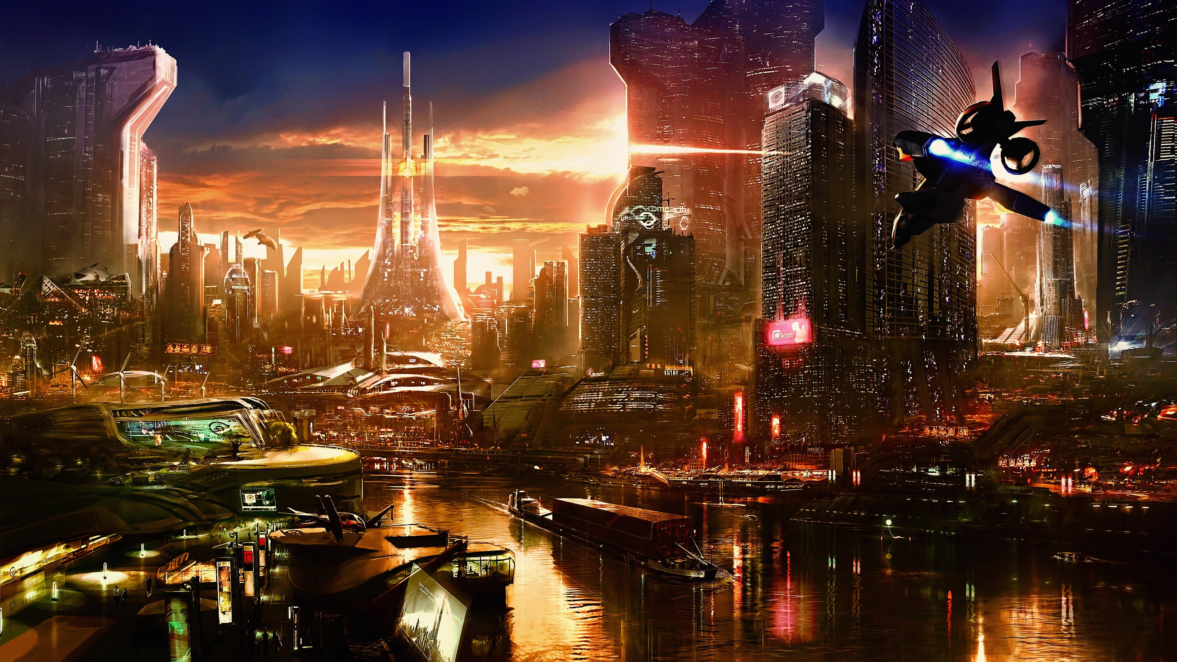3840x2160 4K, sunset, concept art, 3D, science fiction, futuristic, artwork, digital art, CGI, cyberpunk, spaceship, cyber, fan art, fantasy art Gallery HD Wallpaper