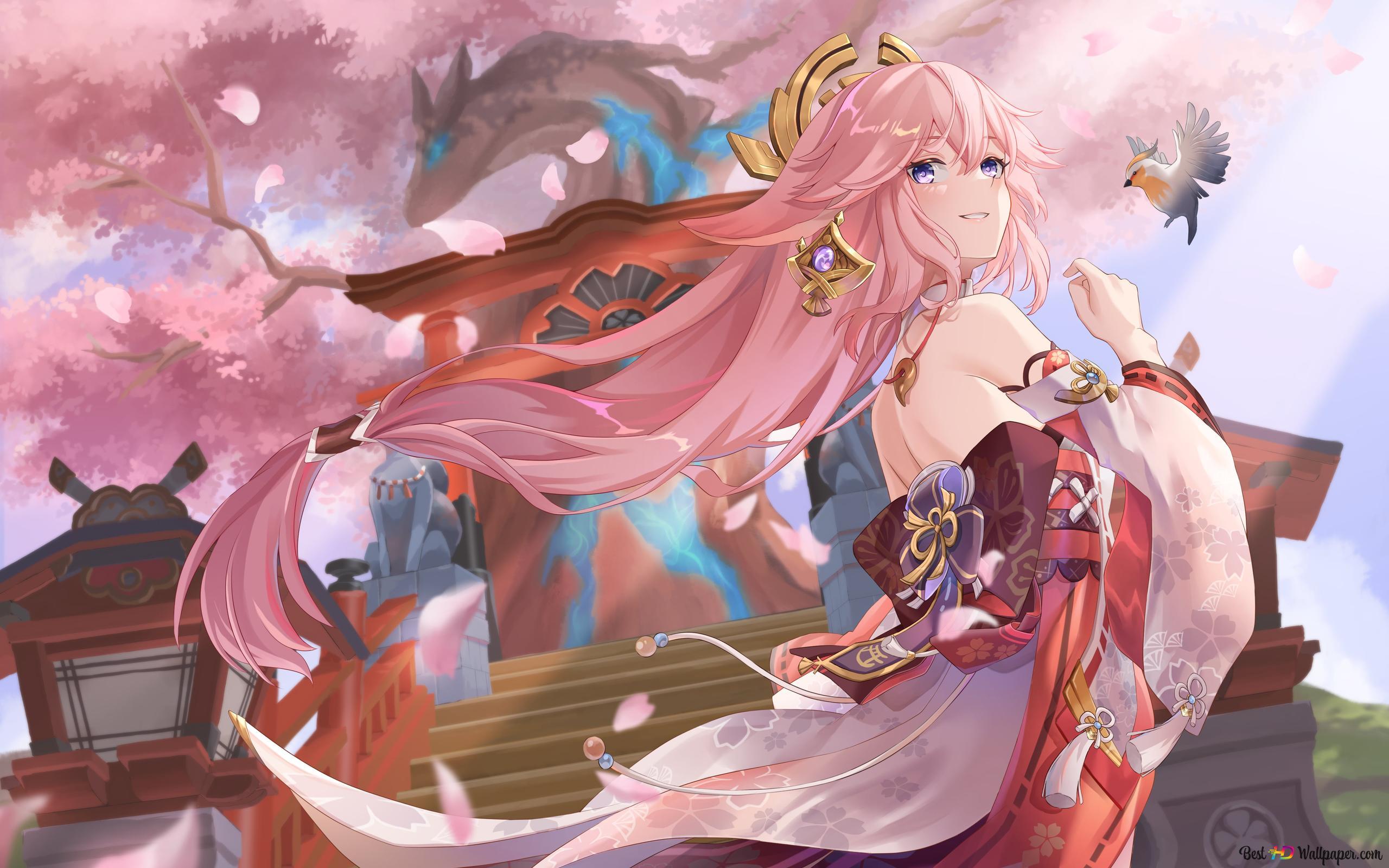 2560x1600 Yae Miko anime girl in side pose with pink hair 4K wallpaper download