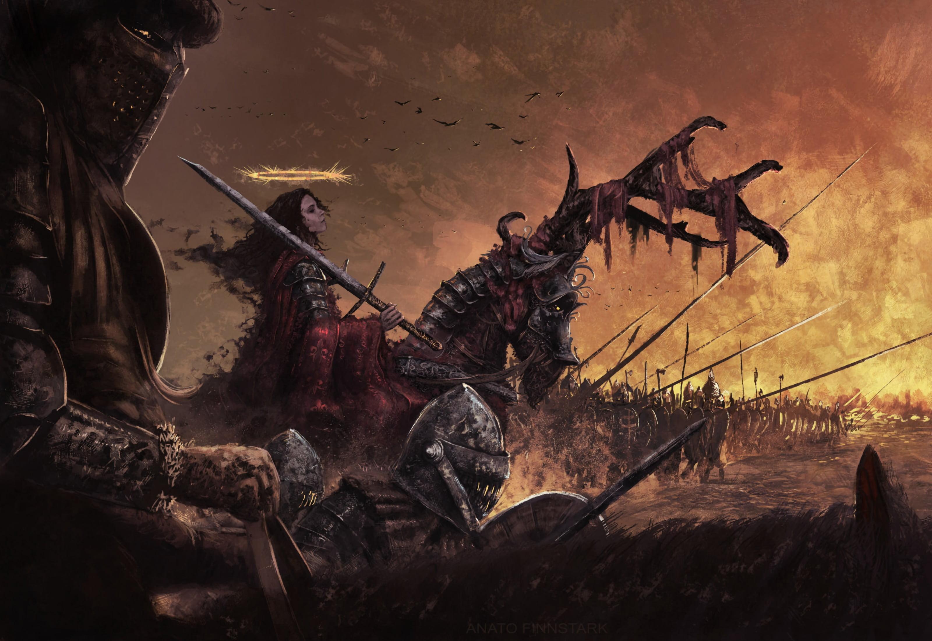 3200x2200 Wallpaper / Lance, Sword, Knight, Woman Warrior, Warrior, Joan of Arc, Fantasy, Armor, Army, Crown, 2K, Deer free download