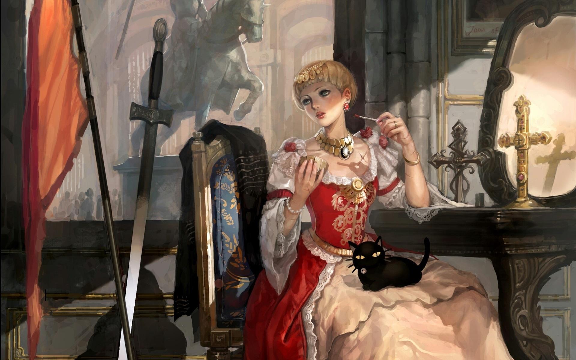 1920x1200 Wallpaper Fantasy girl, Joan of Arc, crosses, sword, cat 1920x1200 HD Picture, Image