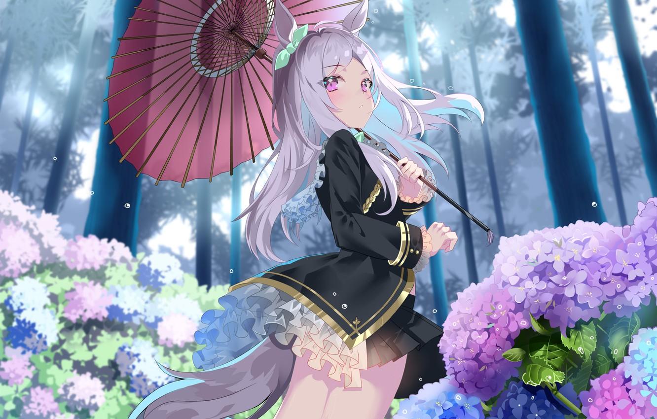 1332x850 Wallpaper girl, trees, umbrella, hydrangea, Mejiro McQueen, by Sho, Uma Musume: Pretty Derby image for desktop, section арт