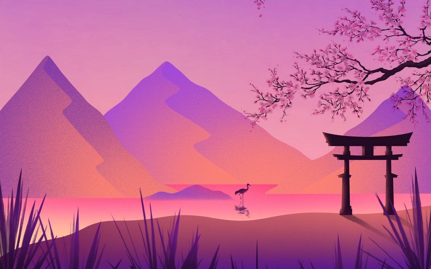 1440x900 Download wallpaper 1440x900 torii, gate, crane, sakura, mountains, art, purple widescreen 16:10 HD background
