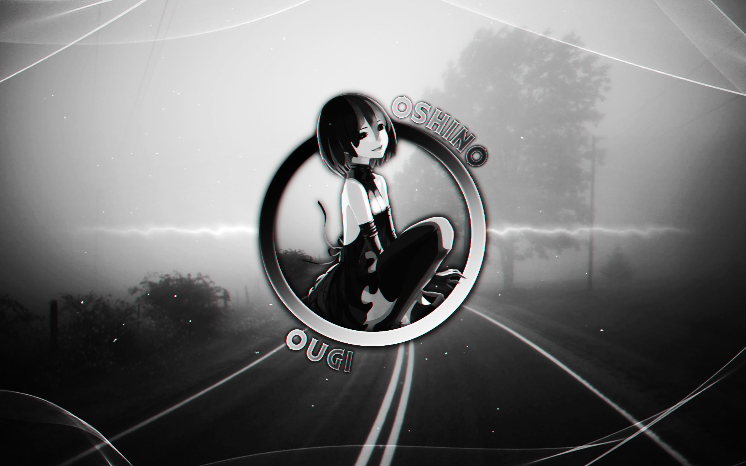 2560x1600 Ougi Oshino, Oshino Ougi, Monogatari Series, Monochrome, Chromatic Aberration, Dark Background, Gradient, Picture In Picture, Road, Woodx1600 Wallpaper