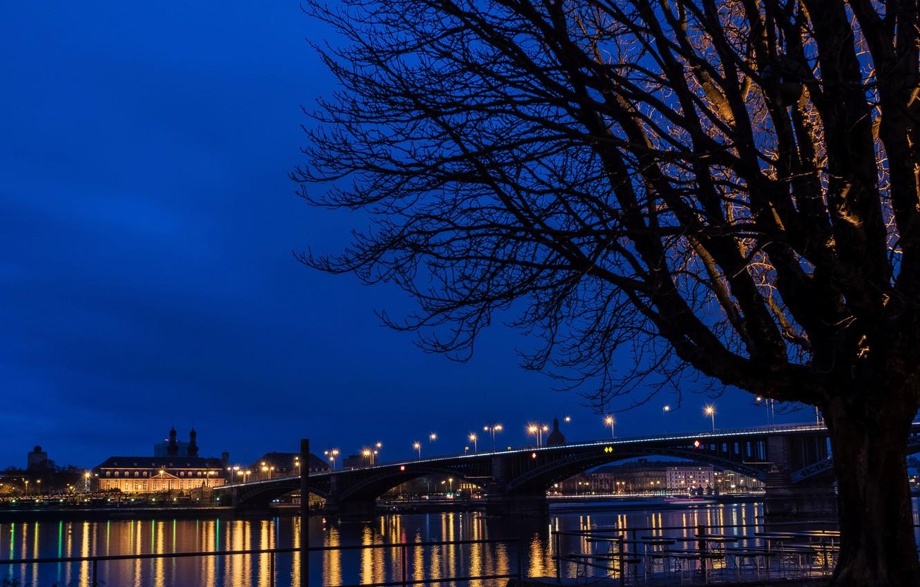 1332x850 Wallpaper night, bridge, lights, river, Germany, Mainz image for desktop, section город
