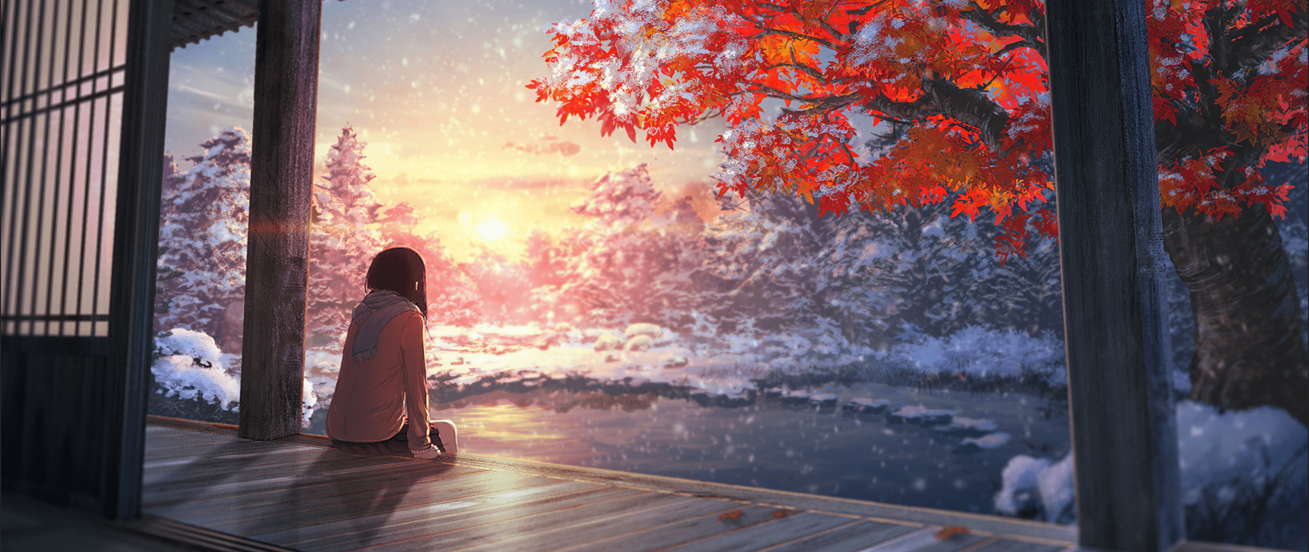 2560x1080 Japan, sunlight, anime girls, snow, artwork, evening, ultra wide, color, autumn, season Gallery HD Wallpaper