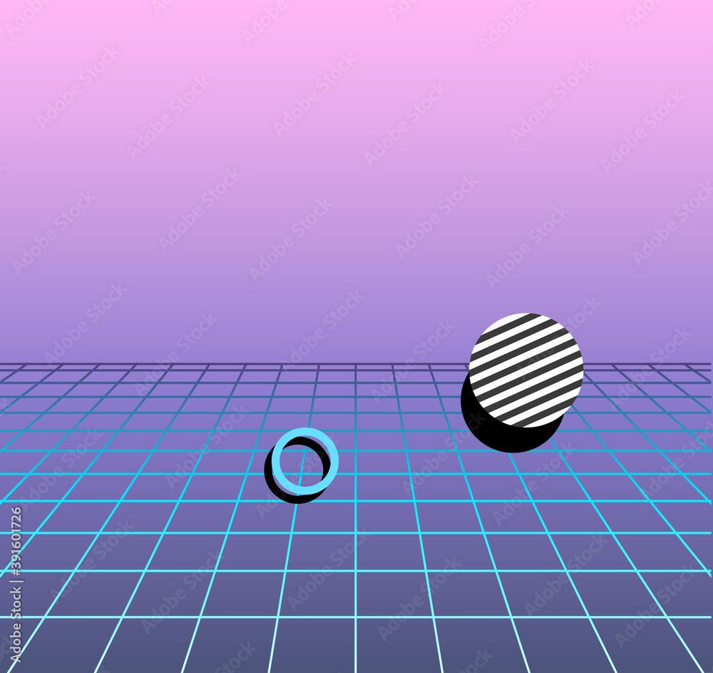1000x943 Geometric shapes. Retrowave, synthwave, rave, vapor background. Light grid landscape. Yesterday's tomorrow style. Retro, vintage 80s, 90s. Black, purple, pink, blue colors. Banner, print, wallpaper Stock Vector