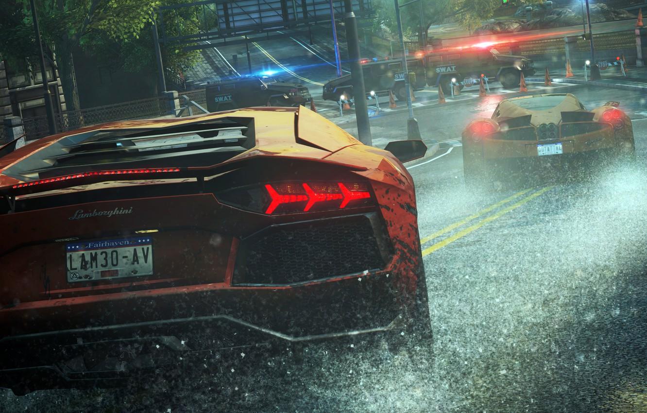 1332x850 Wallpaper rain, race, police, Lamborghini, cars, Need For Speed Most Wanted, cars image for desktop, section игры