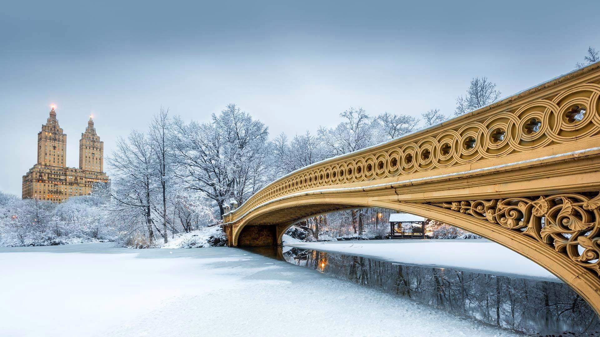 1920x1080 Wallpaper USA, New York, winter, snow, Bow Bridge, Central Park