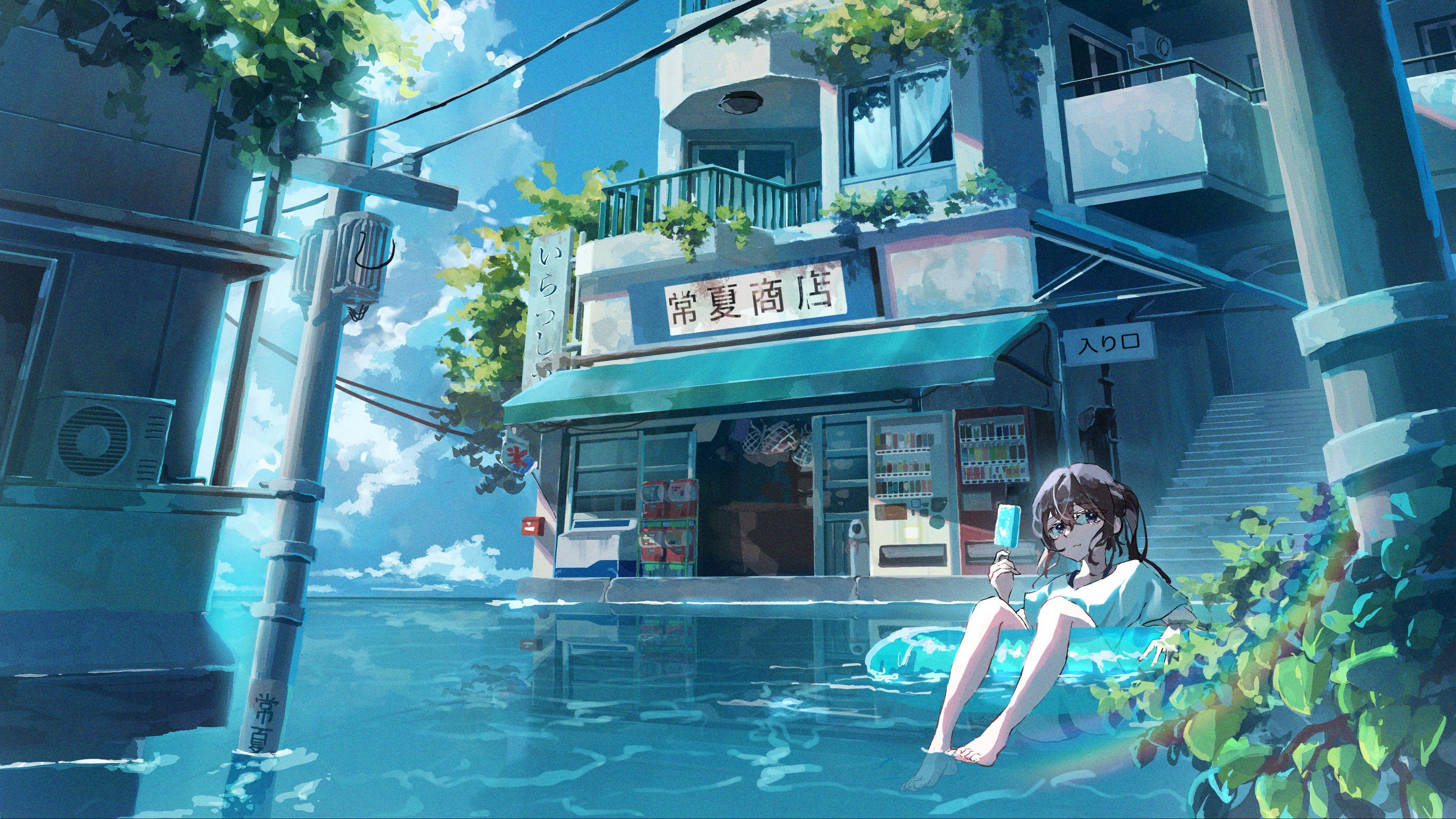3840x2160 Download wallpaper 3840x2160 girl, ice cream, water, building, anime 4k uhd 16:9 HD background