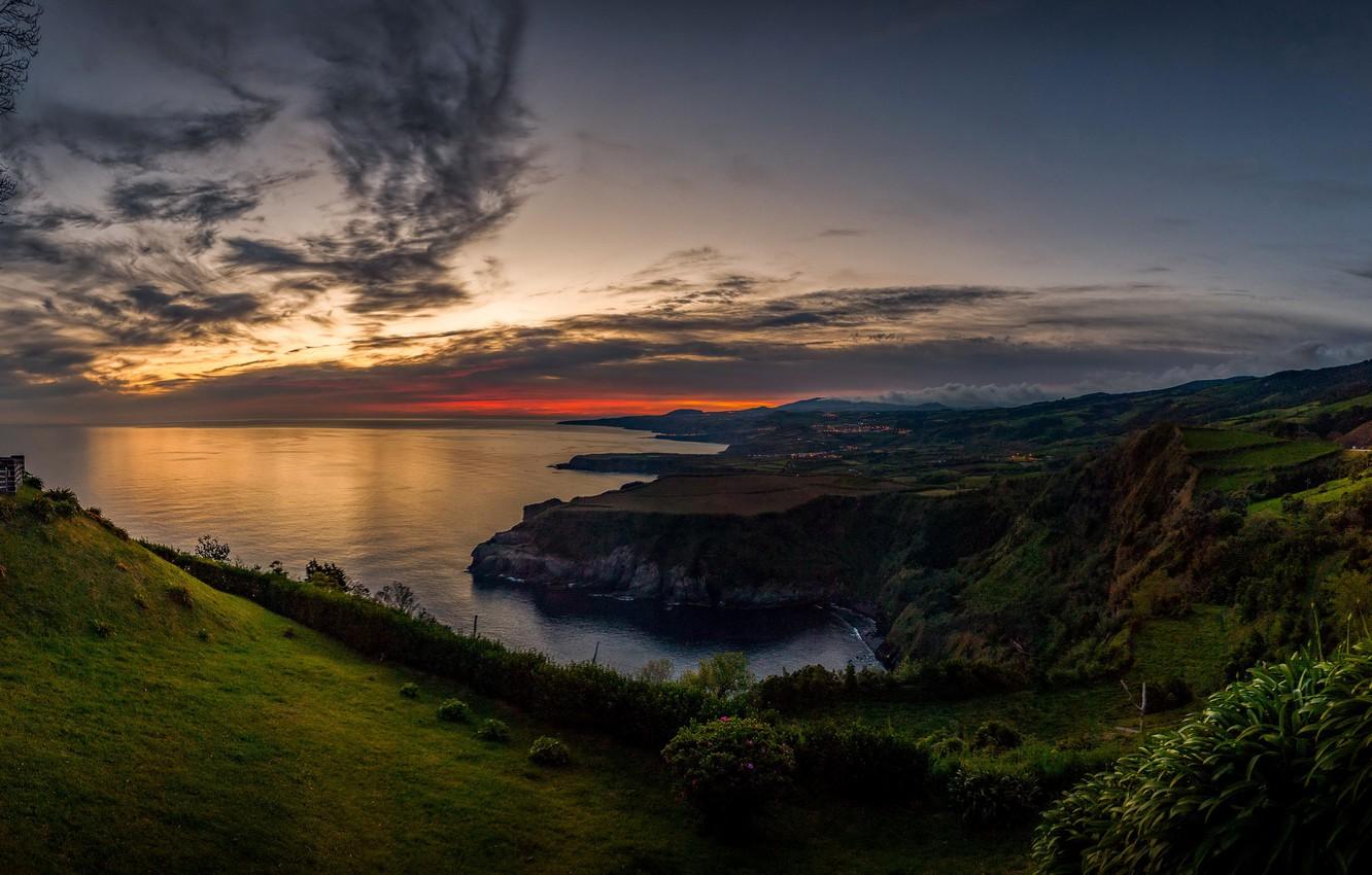 1332x850 Wallpaper sunset, the ocean, rocks, coast, island, horizon, Portugal, Atlantic, Azores, Sao Miguel Island, San Miguel image for desktop, section пейзажи