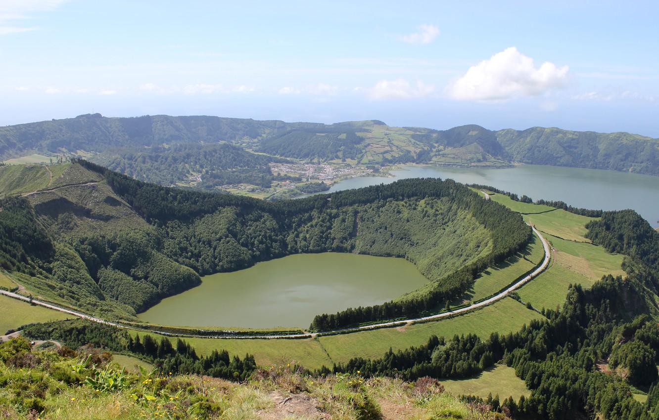 1332x850 Wallpaper green, forest, sky, sea, landscape, lake, tree, sun, clear, portugal, azores, sao miguel, volcano image for desktop, section пейзажи