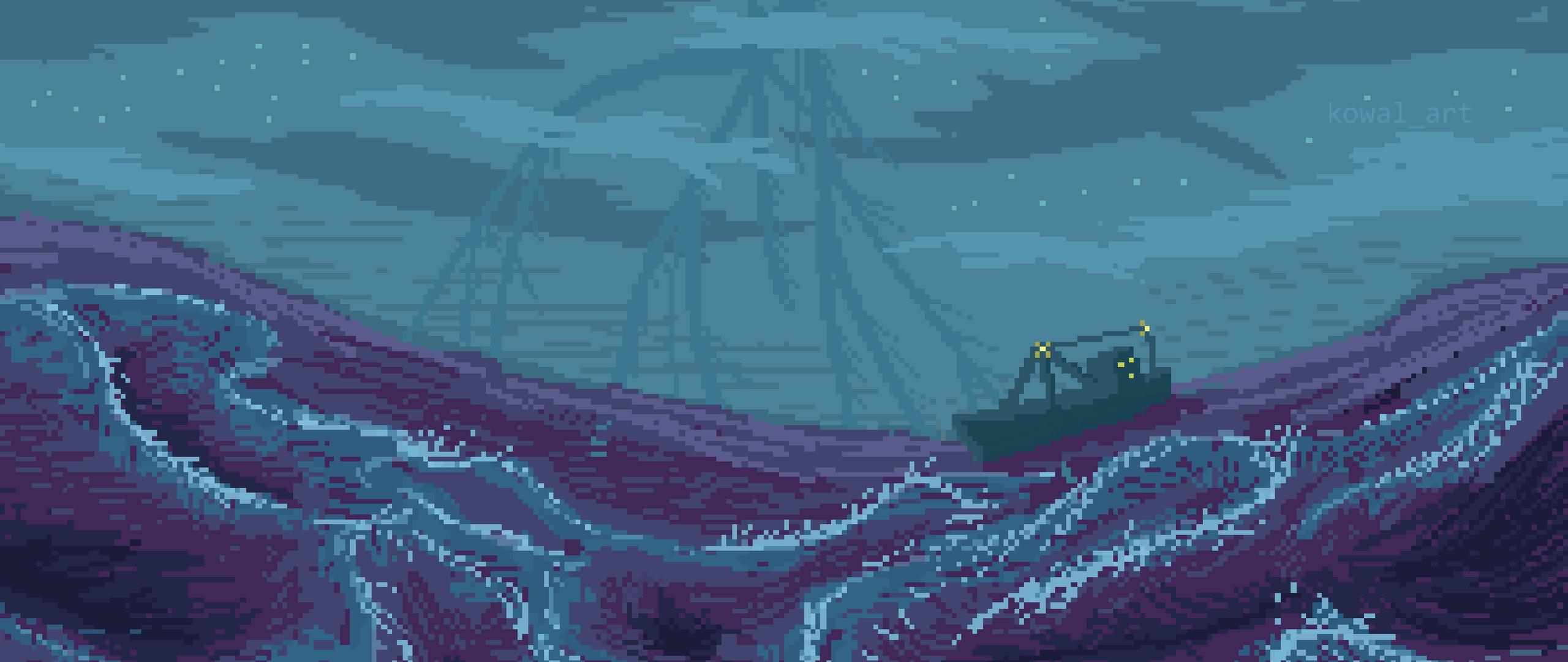 2560x1080 Download Pixel Art, Art, Storm, Sea, Ship, Pixelated Wallpaper in 2560x1080 Resolution