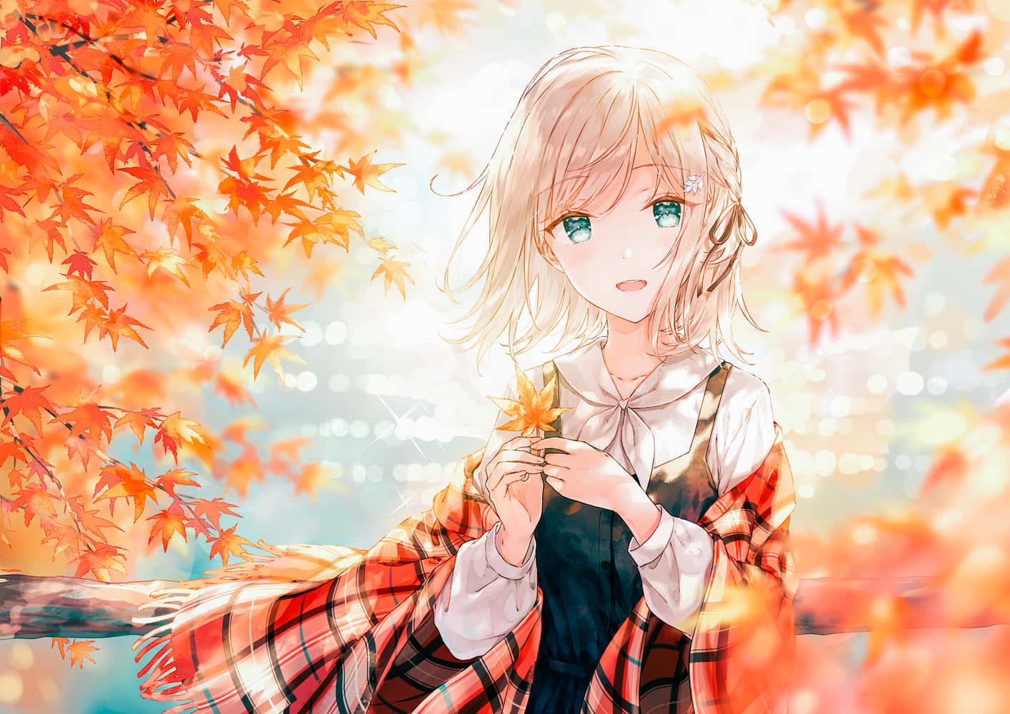 1414x1000 Download Cute Girl Orange Anime Scene With Maple Leaves Wallpaper