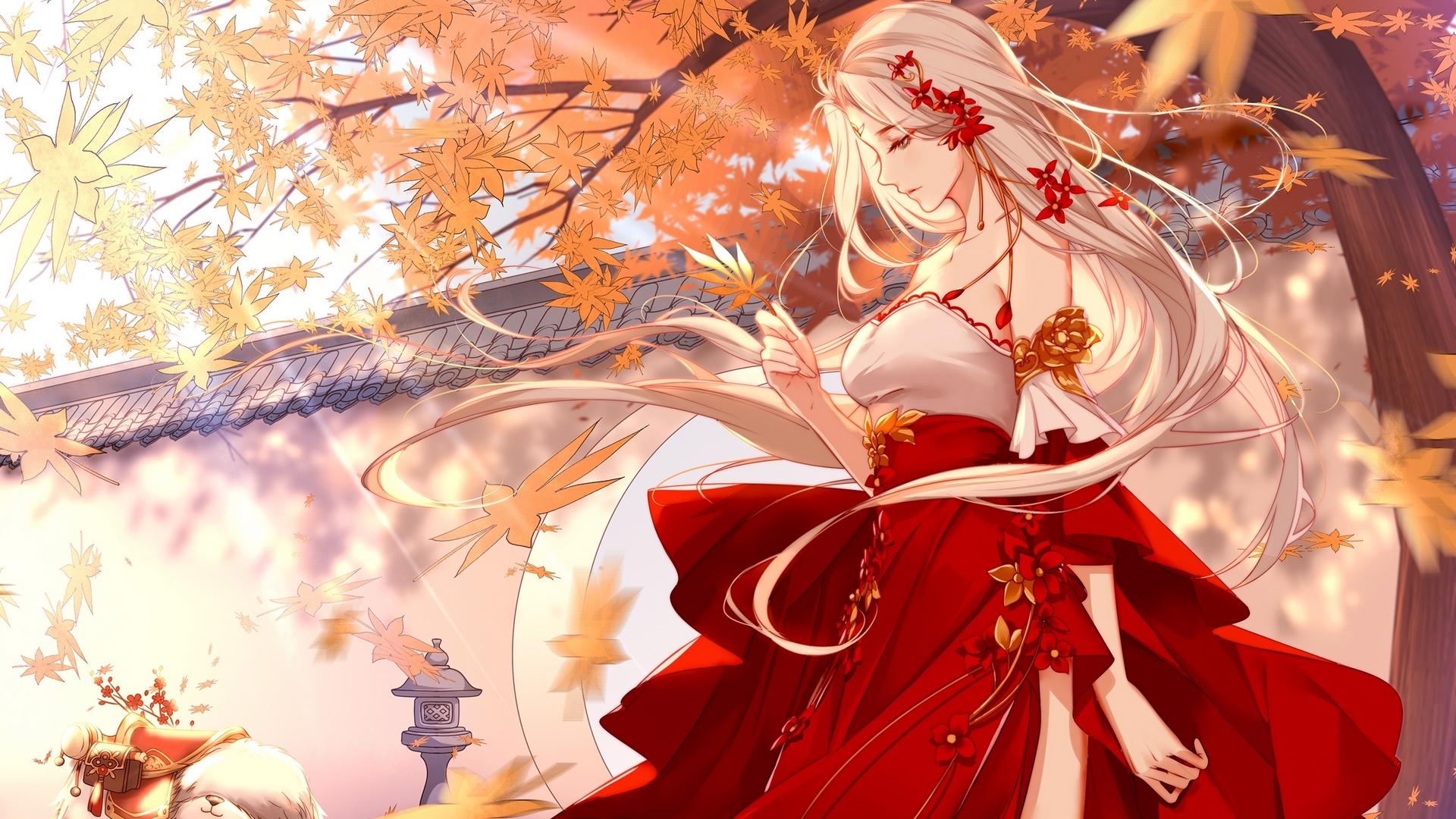 1920x1080 Wallpaper / autumn, clouble, girl, orange, anime, manga, kimono, leaf, red free download