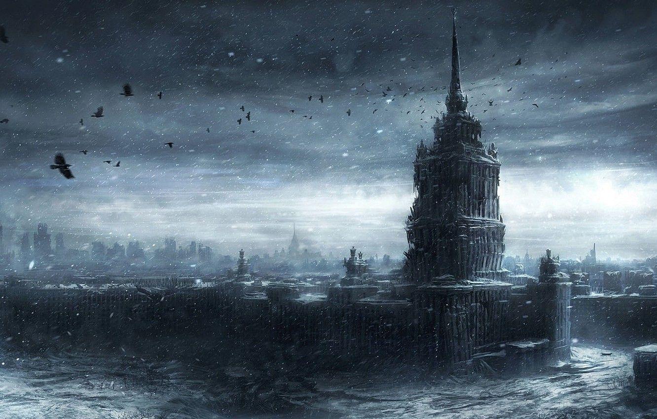 1332x850 Wallpaper snow, Moscow, darkness, apocalypse, crows, MsU image for desktop, section фантастика